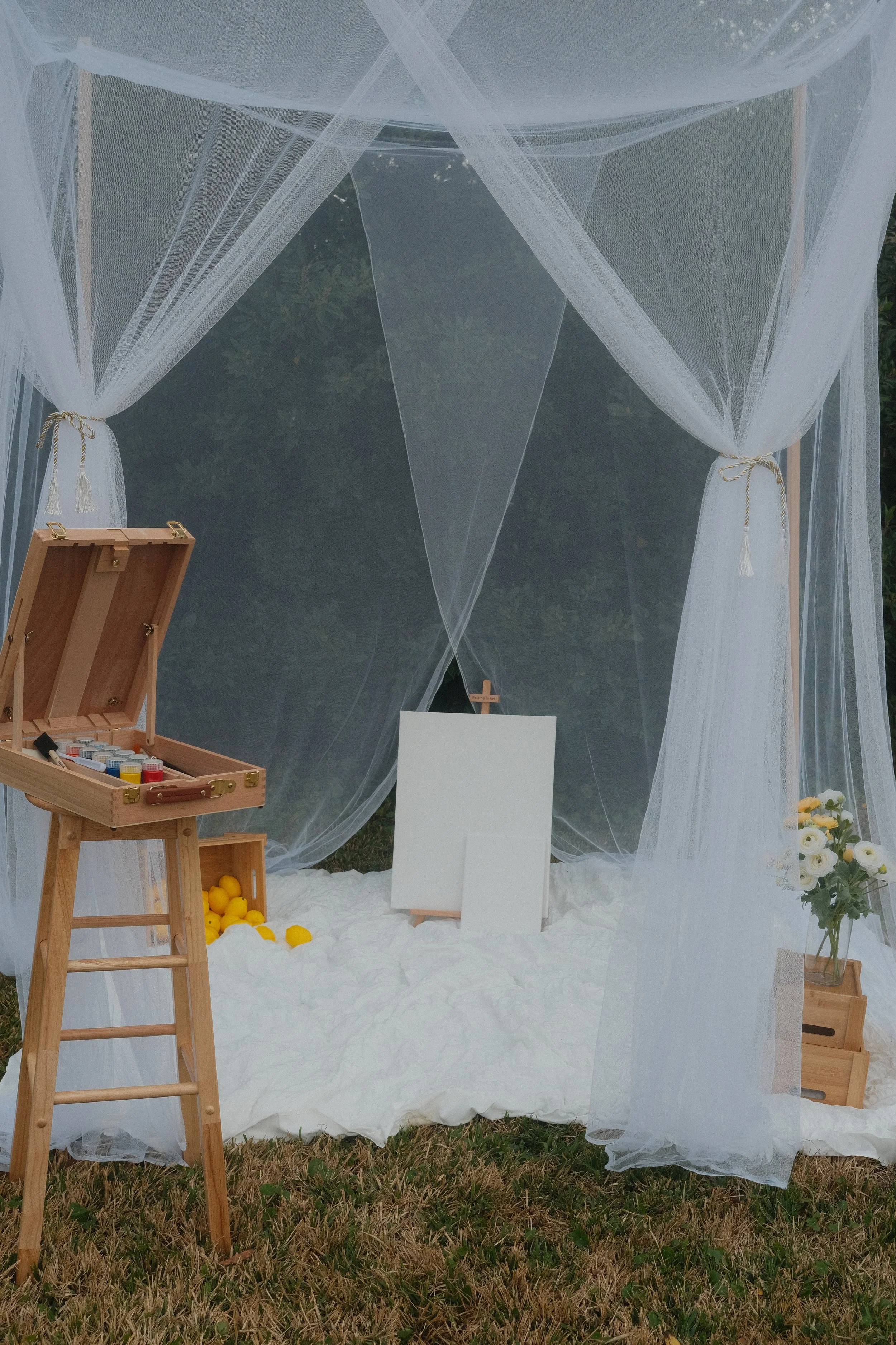 Spring Set - under the canopy includes an outdoor canopy with easel, paint, a stool, and florals.