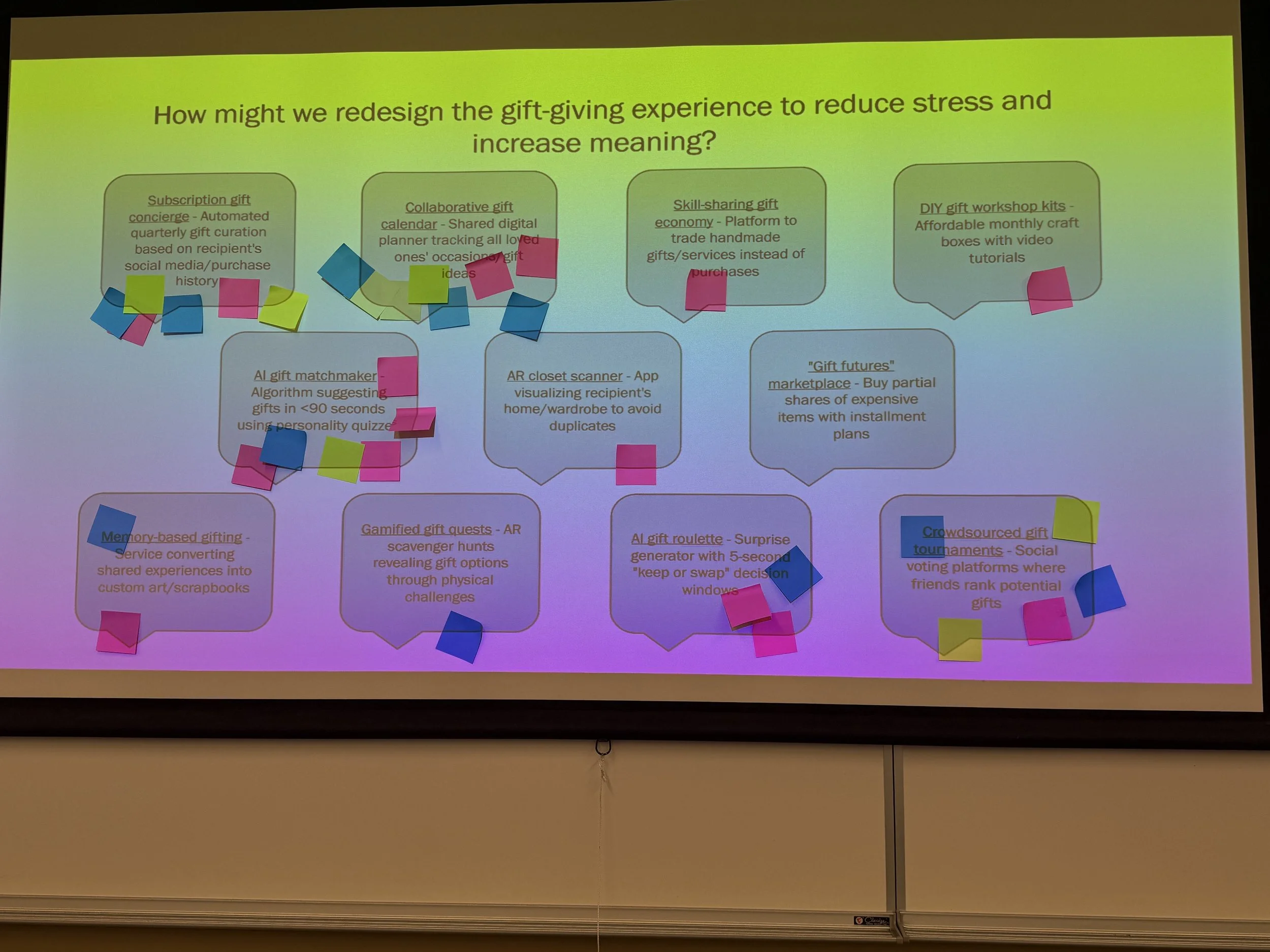 A colorful presentation slide titled "How might we redesign the gift-giving experience to reduce stress and increase meaning?" with multiple ideas and sticky notes. The ideas include subscription gift concierge, collaborative gift calendar, skill-sharing gift economy, DIY gift workshop kits, AI gift matchmaker, AR closet scanner, "Gift futures" marketplace, memory-based gifting, gamified gift quests, AI gift roulette, and crowdsourced gift tournaments.