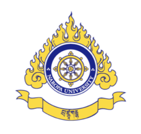 The emblem of Kathmandu University featuring a blue circular logo with a wheel and Sanskrit script, surrounded by yellow flames and a yellow banner at the bottom.