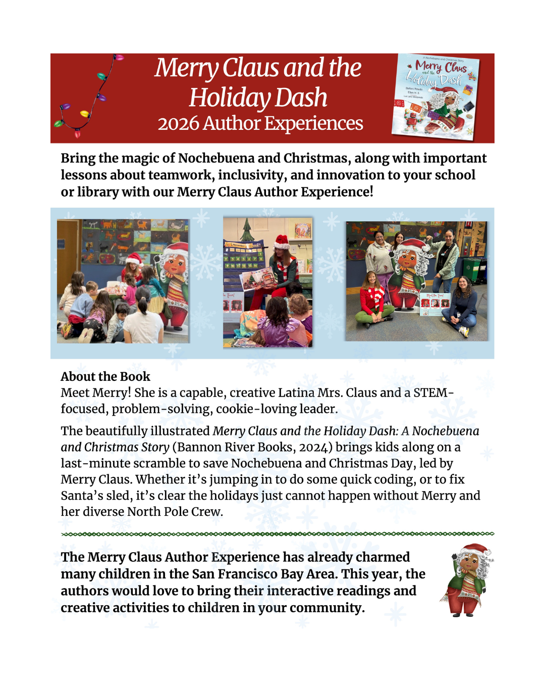 The first page of a school visit flier for Merry Claus and the Holiday Dash is shown.