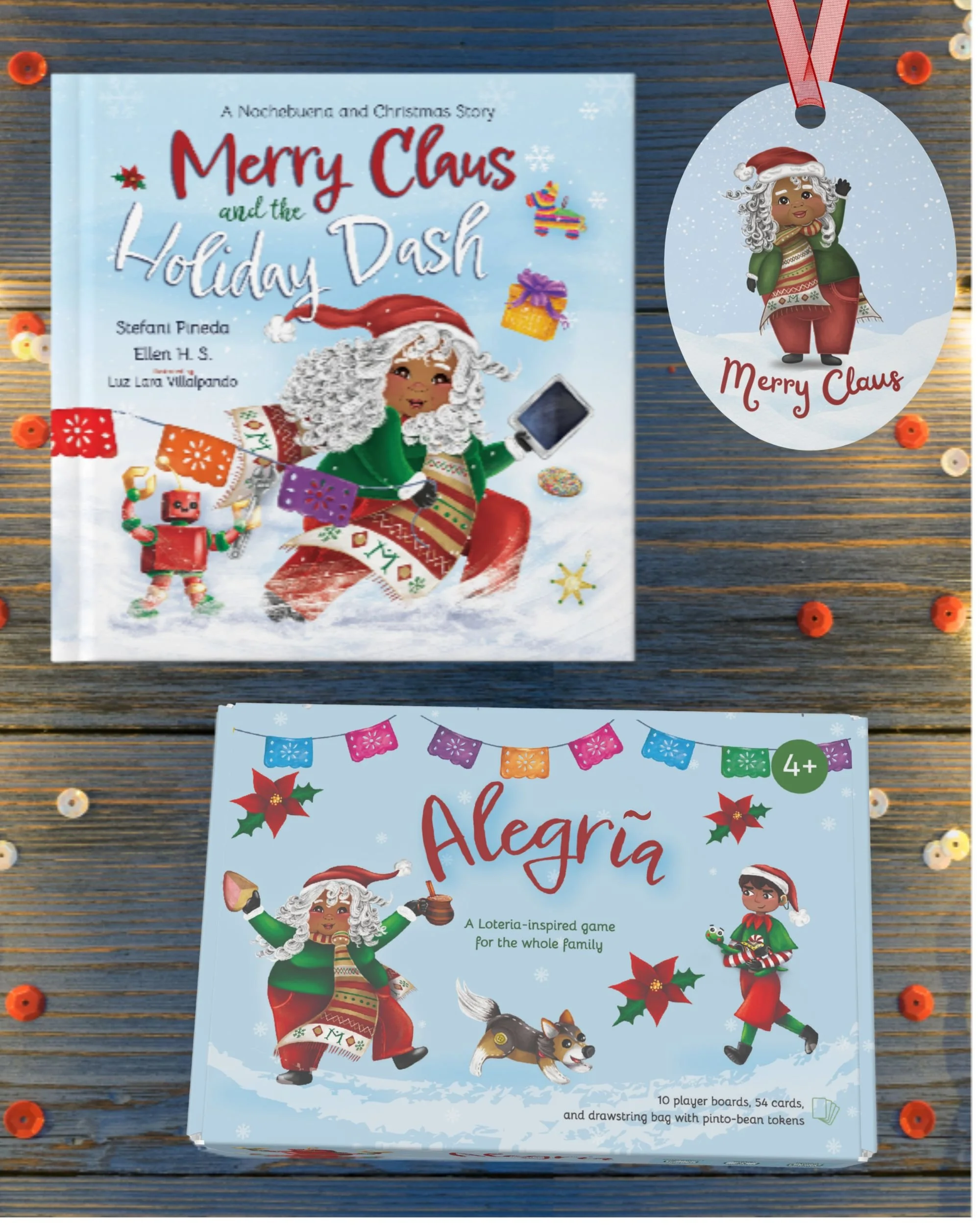 Gift Bundle: Premium hardcover book, Alegría board game, and ornament