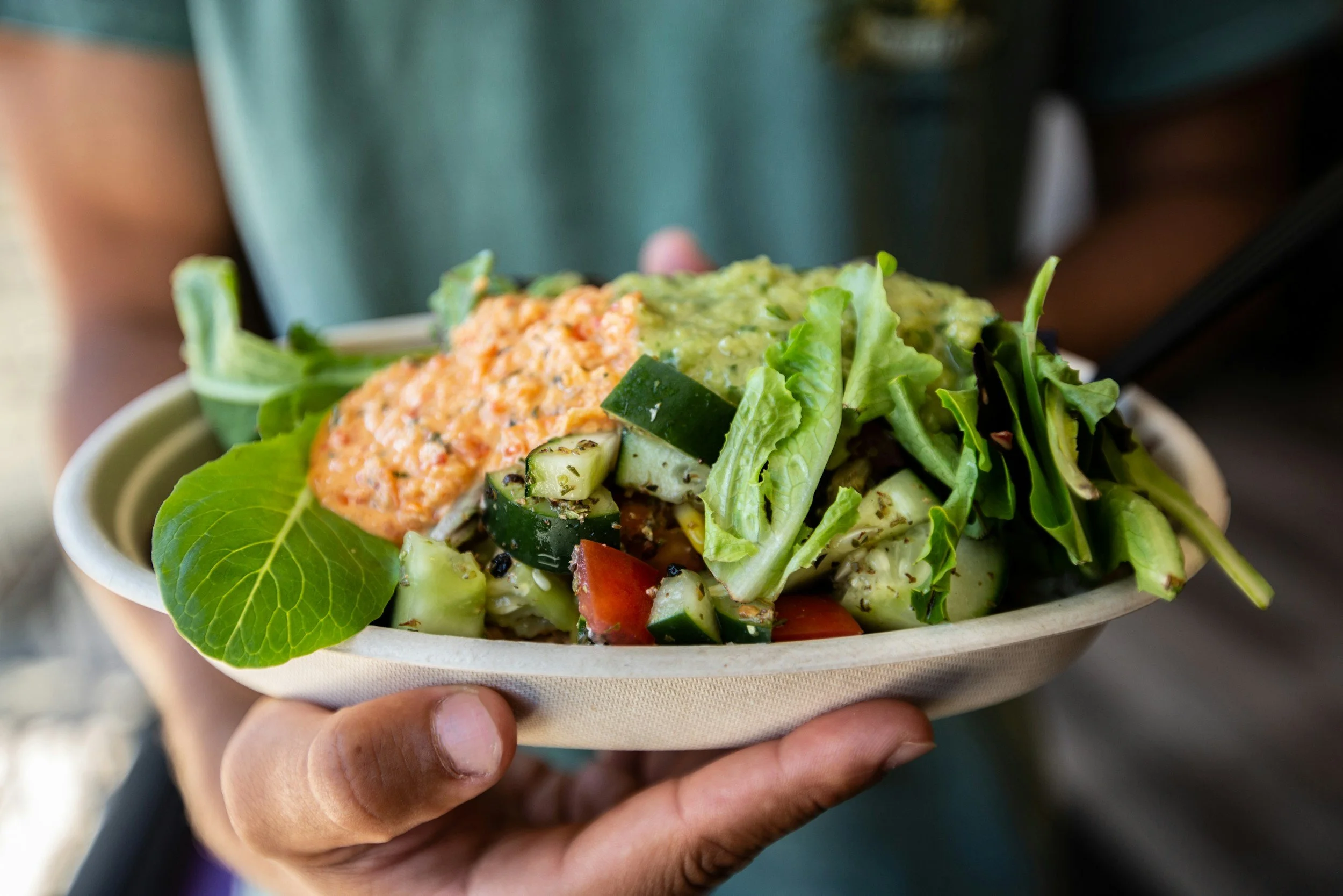 A person holds a bowl of fresh salad with mixed greens, cucumbers, tomatoes, and a scoop of guacamole, with a hand and thumb visible.