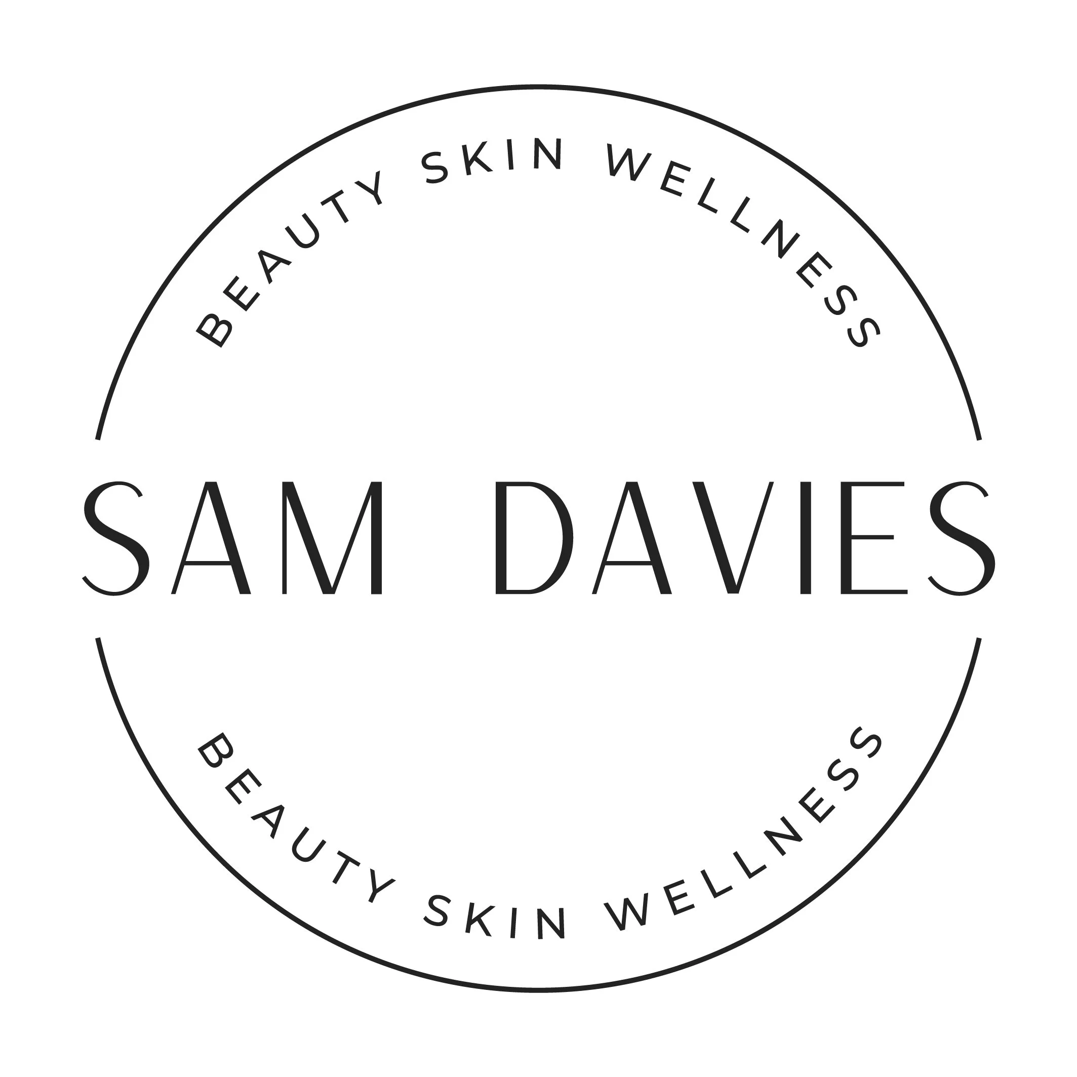 A circular logo that reads "Beauty Skin Wellness" at the top and bottom, with the name "Sam Davis" in the center, all in black text.