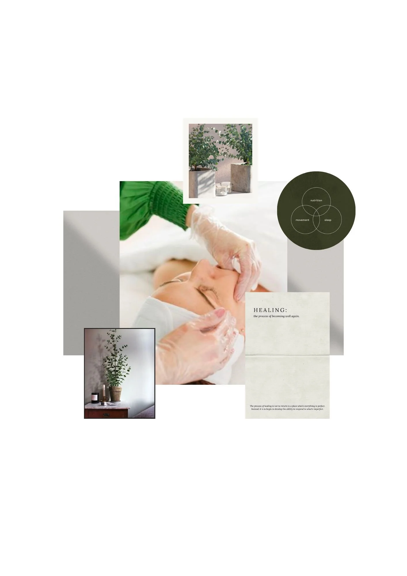 A collage of wellness and self-care images, including a person receiving a facial massage, a potted plant on a wooden table, two trees in planters outdoors, and a diagram about nutrition, movement, and sleep, with a focus on healing and well-being.