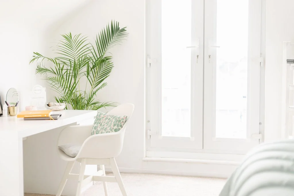 Bright, white room with large window, green leafy plant, and a white desk with stationery and a cushioned white chair.