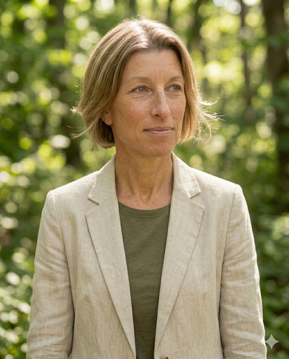 A middle-aged woman with short, light brown hair, wearing a beige blazer and green shirt, standing outdoors in a lush, green forest with sunlight filtering through the trees.