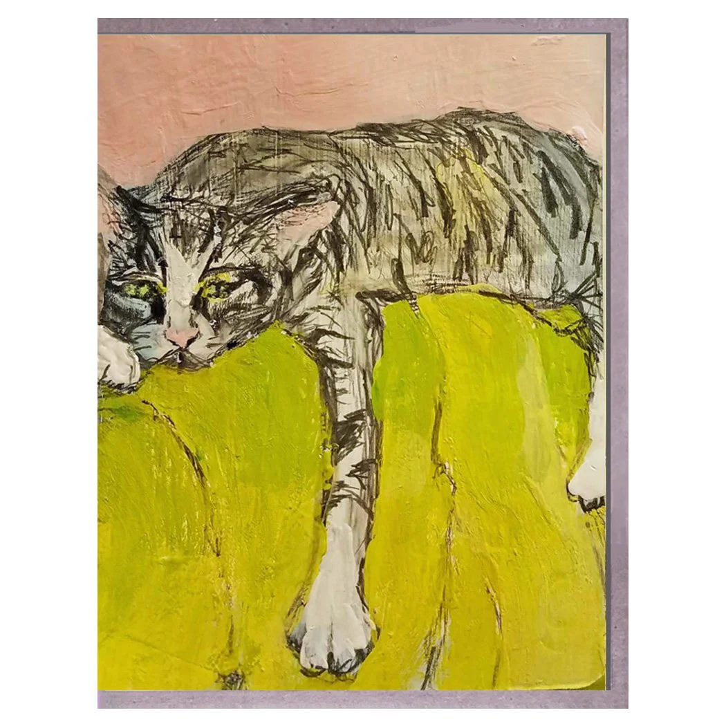cat on couch. card. brenda olson