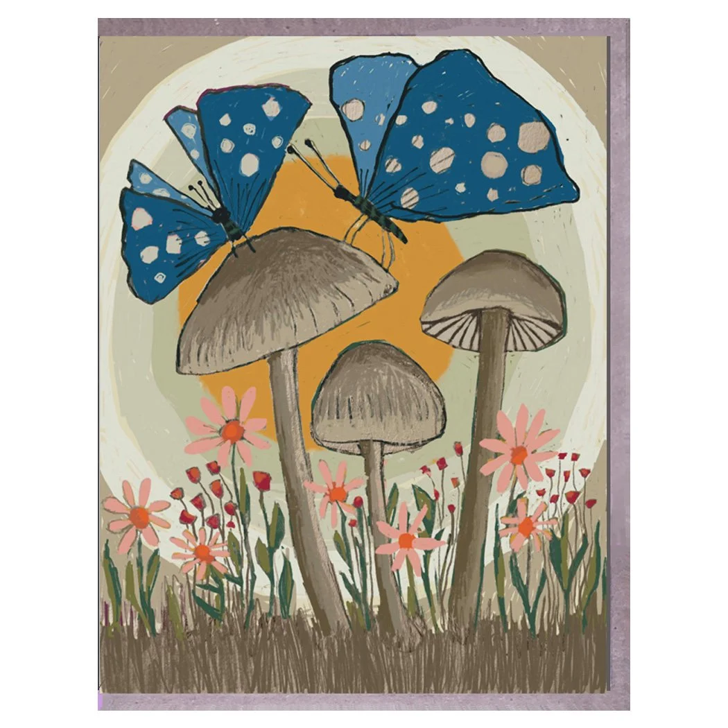 mushrooms and butterflies. card. brenda olson