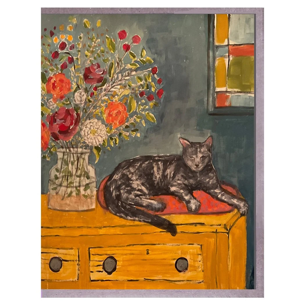 cat + flowers vertical. card. brenda olson