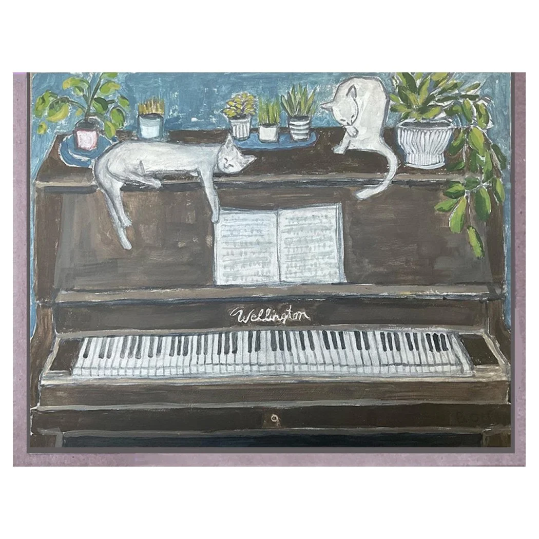 cats on piano. card. brenda olson