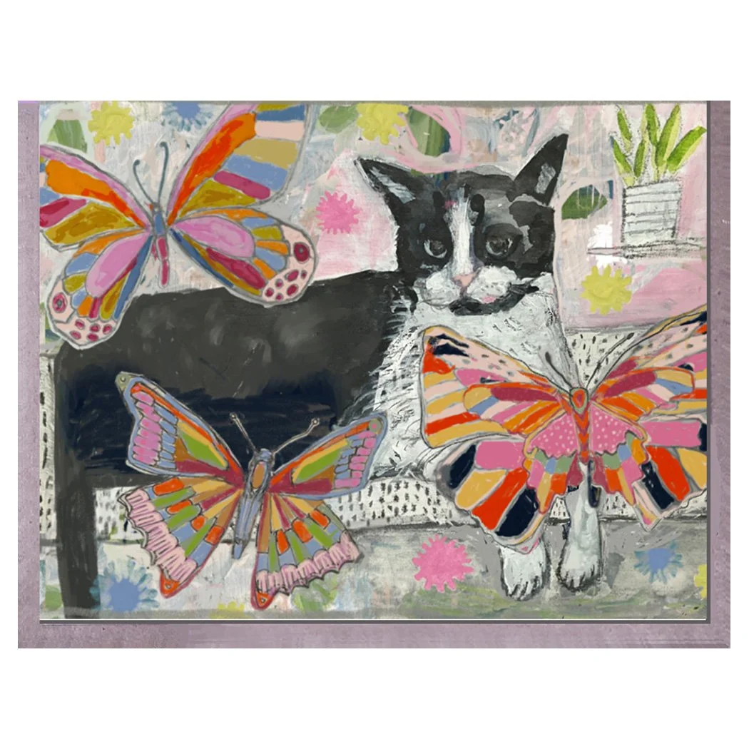Cat + Butterflies. card. brenda olson