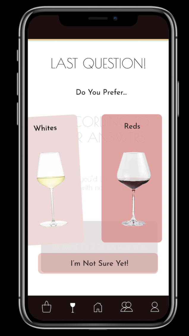Swiping to curate preferences in a quiz from my prototype app, The Wine List.