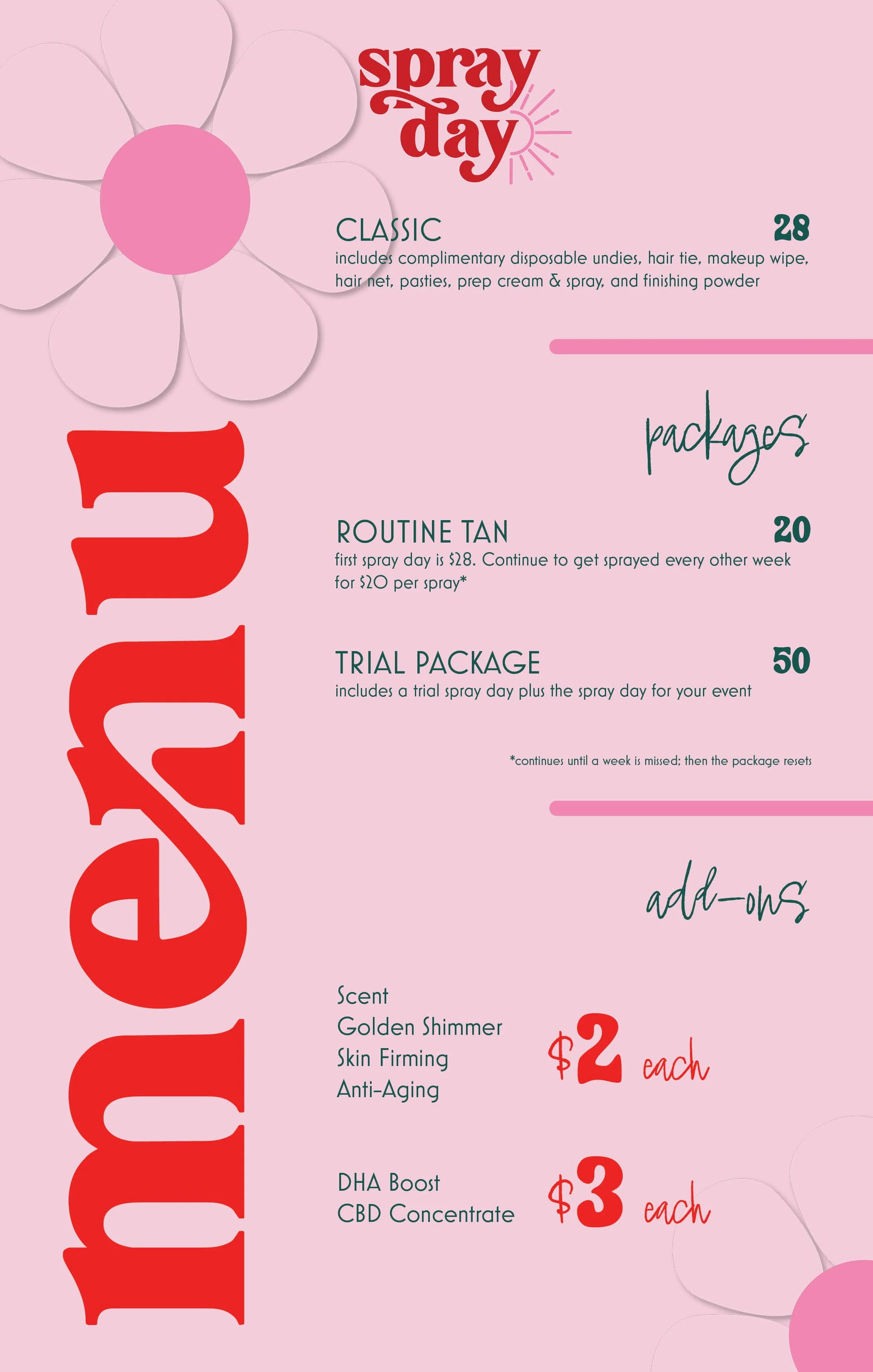 Pricing menu I designed for a local spray tan business.