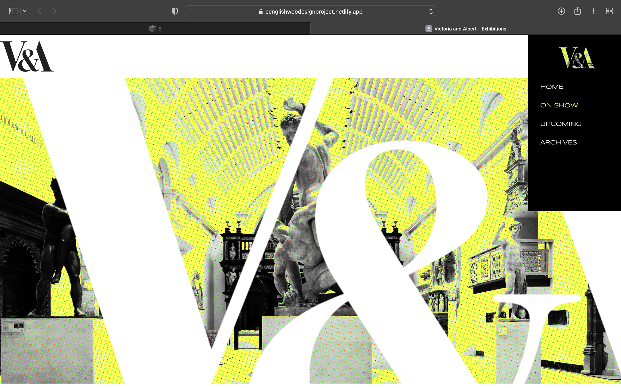 Hero and nav of finished site for my Web Design class project (2023).