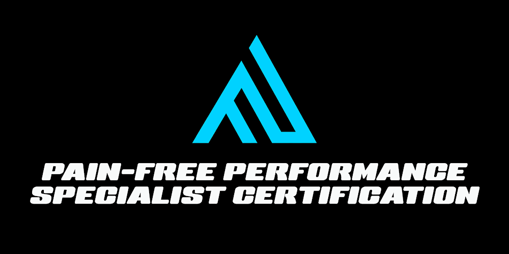 Logo featuring a stylized blue 'A' and 'M', with the text 'Pain-Free Performance Specialist Certification' in white, bold letters on a black background.
