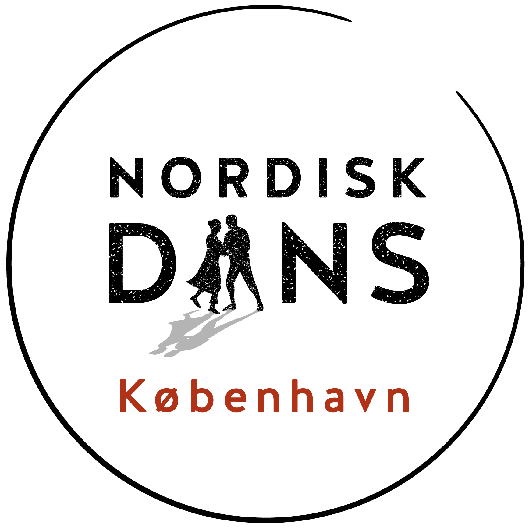 Logo for Nordisk Dans in København, featuring black text with a dancing couple shadow and Copenhagen in brown.