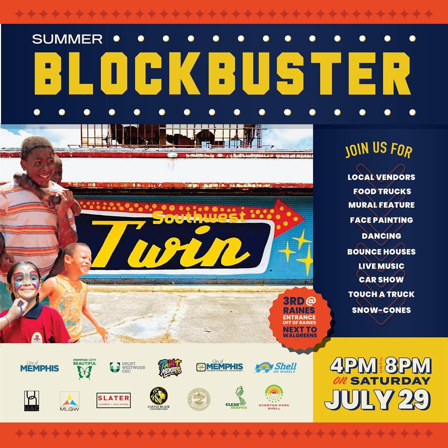 The first party at the former Southwest Twin Drive In is here. Join in for a back-to-school summer block party, featuring live music, a mural unveiling, car show, community expo, food trucks, bounce houses, touch a truck, and more. See you there?