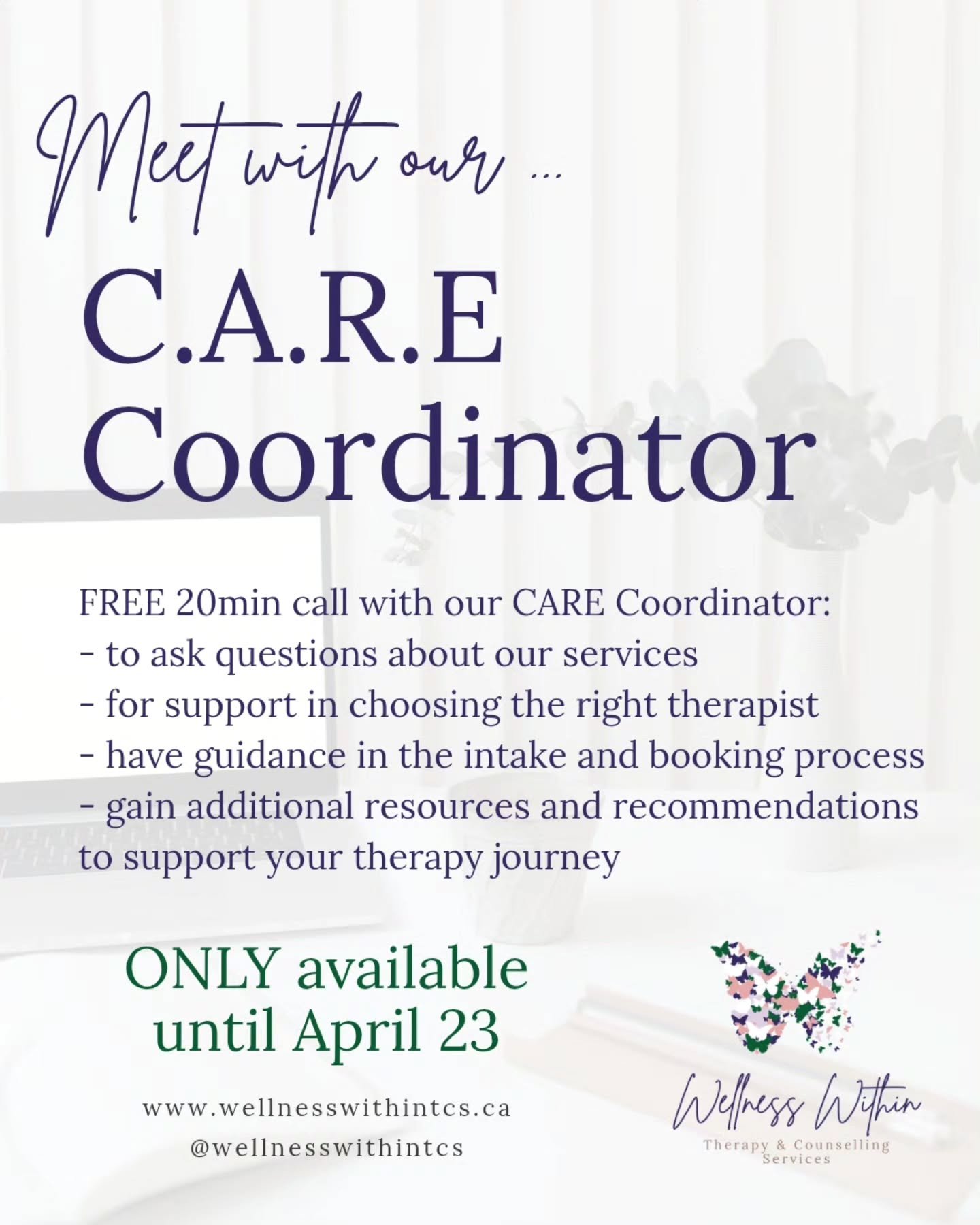 We know the first steps of connecting with a therapist can feel overwhelming - especially when navigating hundreds of therapist profiles and schedules. 

NOW you can connect with our CARE Coordinator as a supportive starting point if you&rsquo;re not