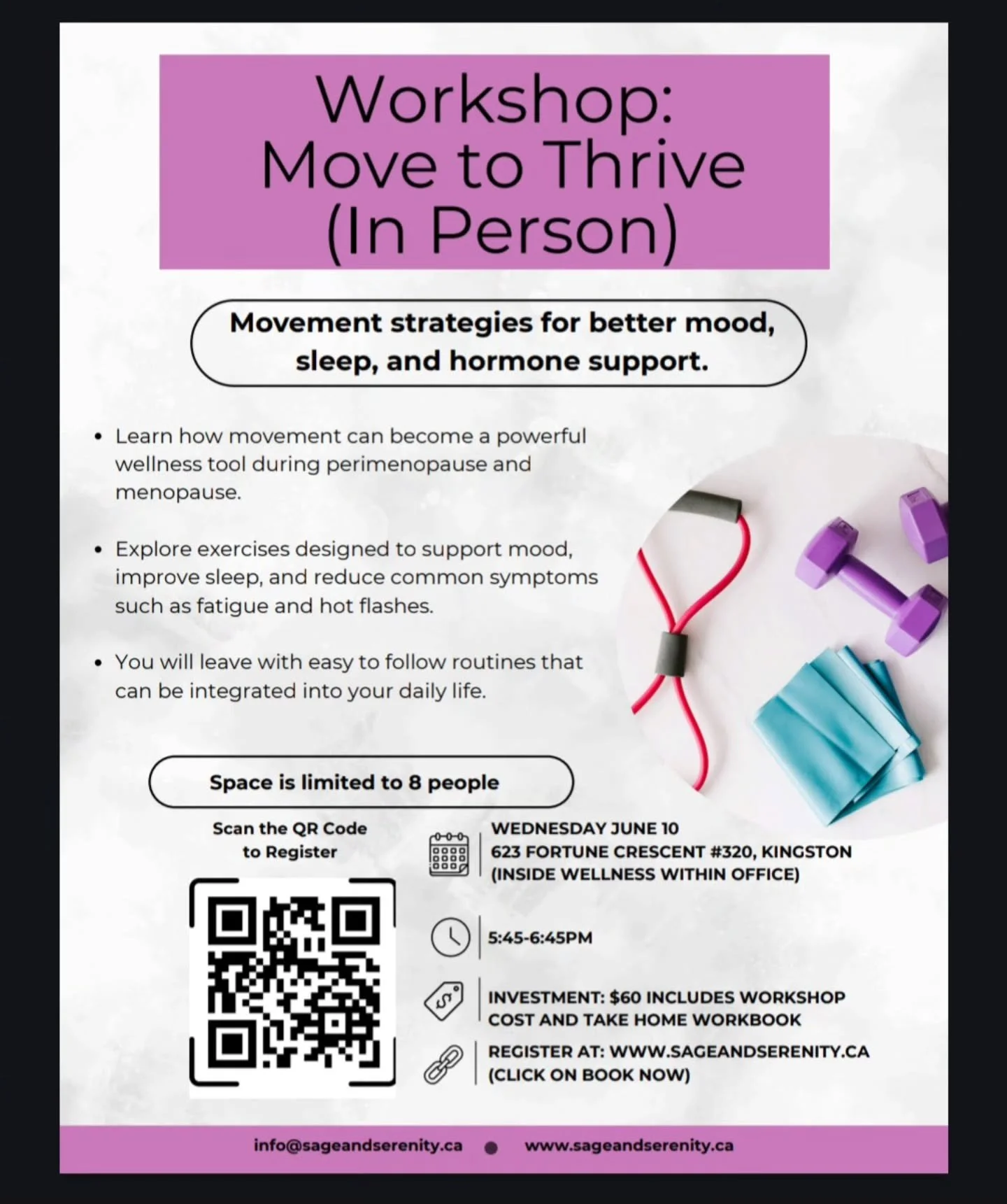 Move to Thrive 💪
An in-person workshop exploring movement strategies for better mood, sleep, and hormone support. Hosted here at Wellness Within with Emma Sutherland (Sage and Serenity).

Learn how movement can become a powerful wellness tool during