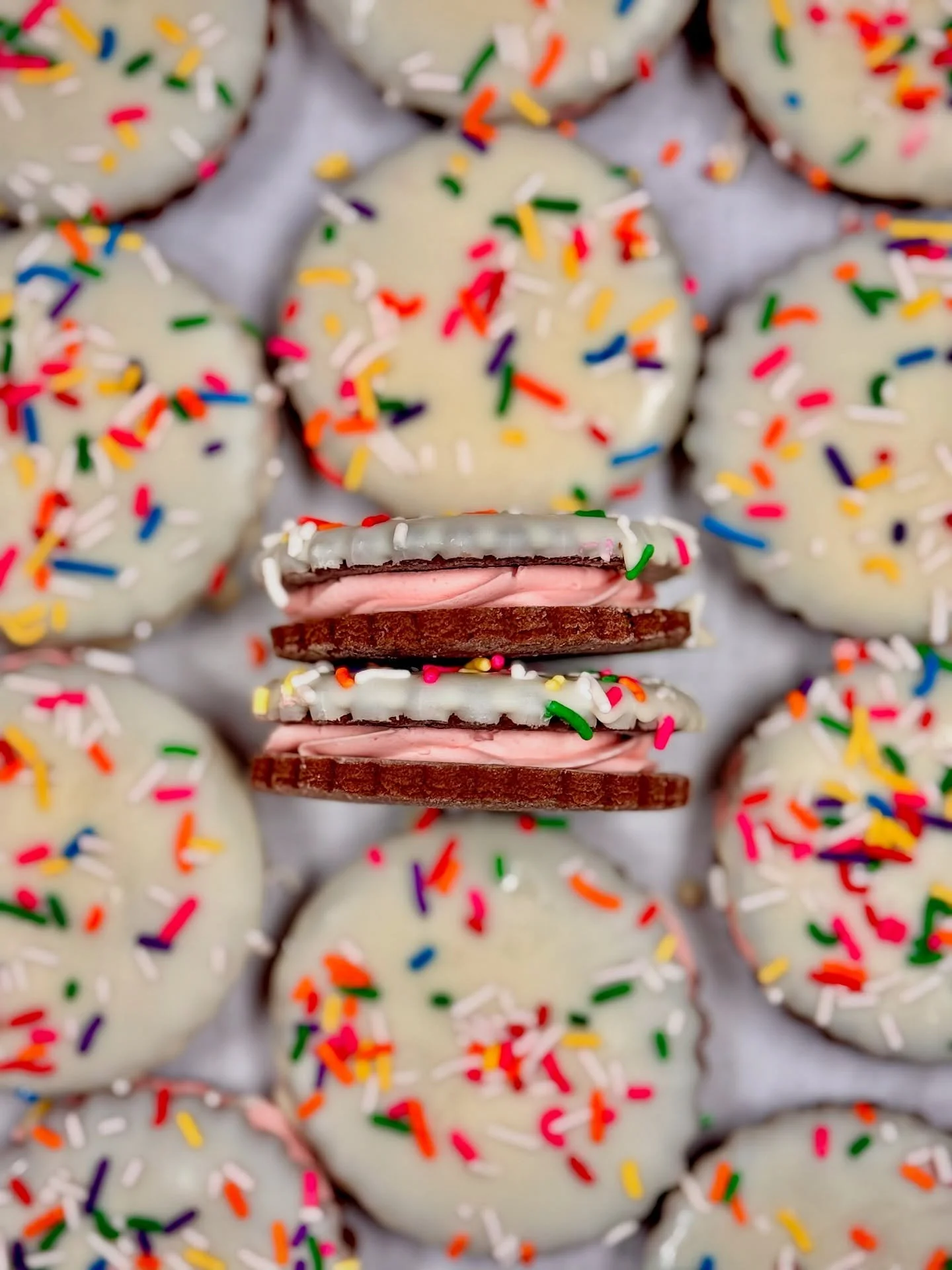 Sunny Summer days are prime time for Neapolitan cookies🤎🤍🩷

Enjoy two crisp chocolate shortbread cookies sandwiches with strawberry buttercream, topped with white chocolate coating and rainbow sprinkles🍦🎉 

These nostalgic summer treats are here