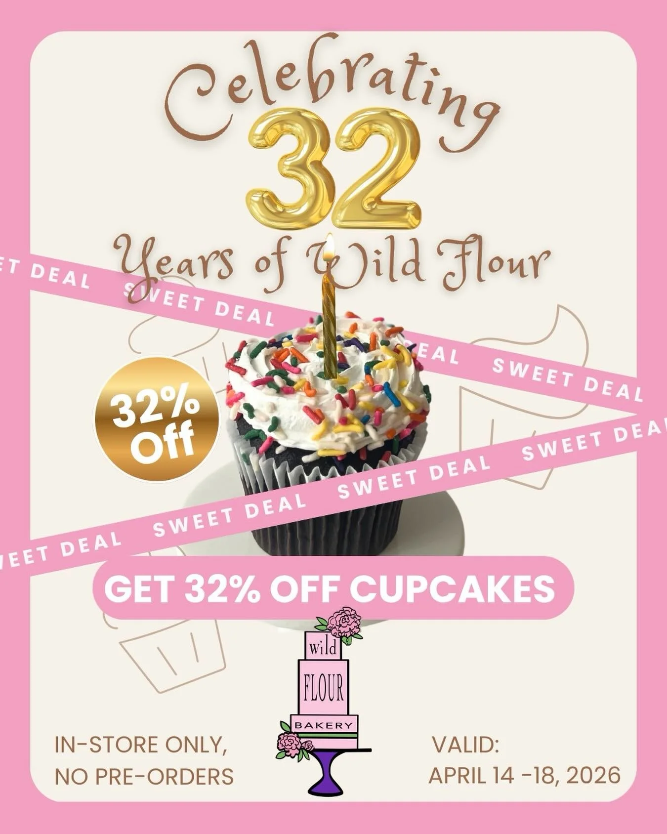 🎉 32 YEARS SWEET 🎉 

On April 19th we&rsquo;ll be celebrating 32 INCREDIBLE years of serving this amazing community. Since we are closed on Sundays, (the day of our anniversary 🥰) we&rsquo;re celebrating everyday leading up to it!! 

To say THANK 