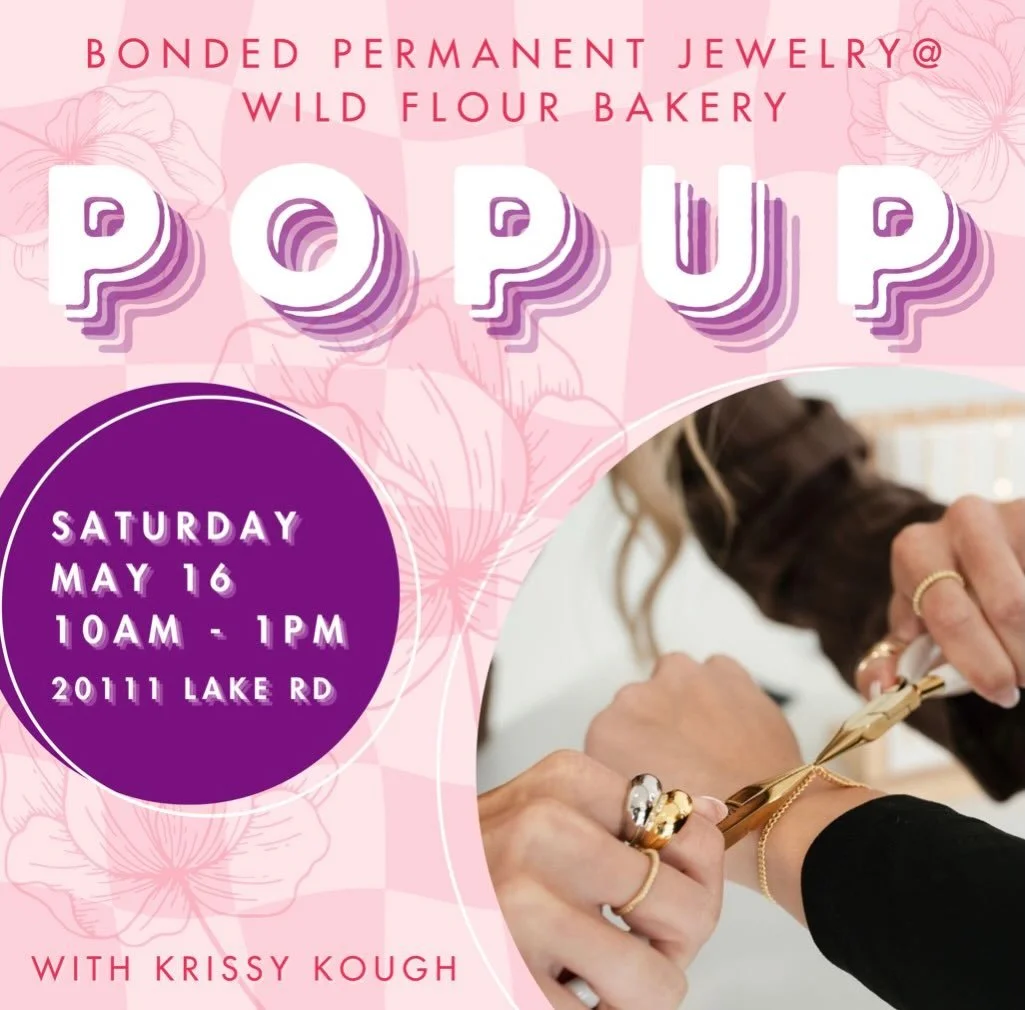 Join us for a permanent jewelry pop-up with Krissy Kough! @bondedpermanentjewelry1 

Level up your accessory game with some Bonded Permanent Jewelry. ✨Choose from a variety of metals, finishes, styles, and add-ons to create a custom piece as unique a