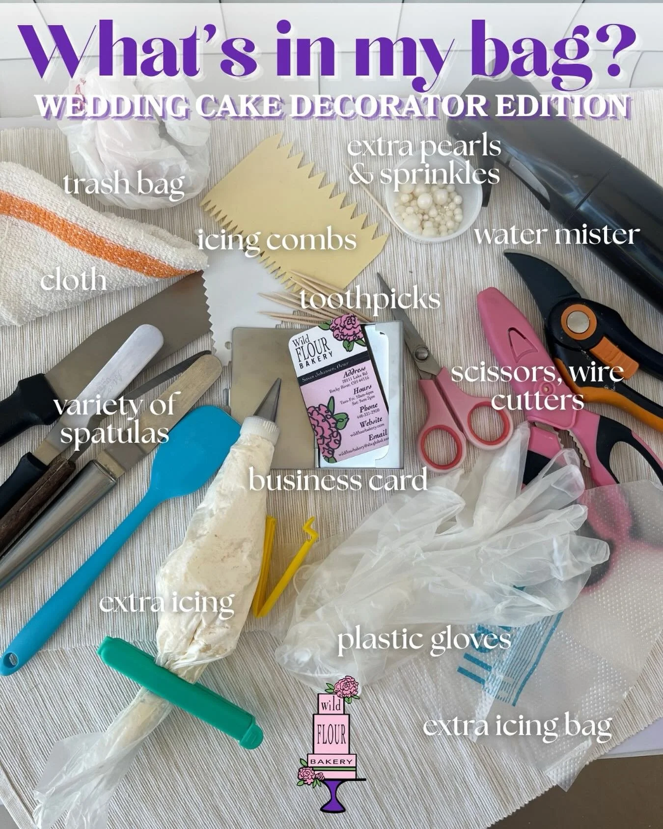 Ever wonder what a wedding cake decorator carries on a wedding day? 🎂💍 Here&rsquo;s a peek inside our bag:

✨water mister
✨icing combs
✨extra piping bags
✨scissors &amp; wire cutters
✨emergency icing
✨cloth for clean ups
✨variety of spatulas
✨tooth