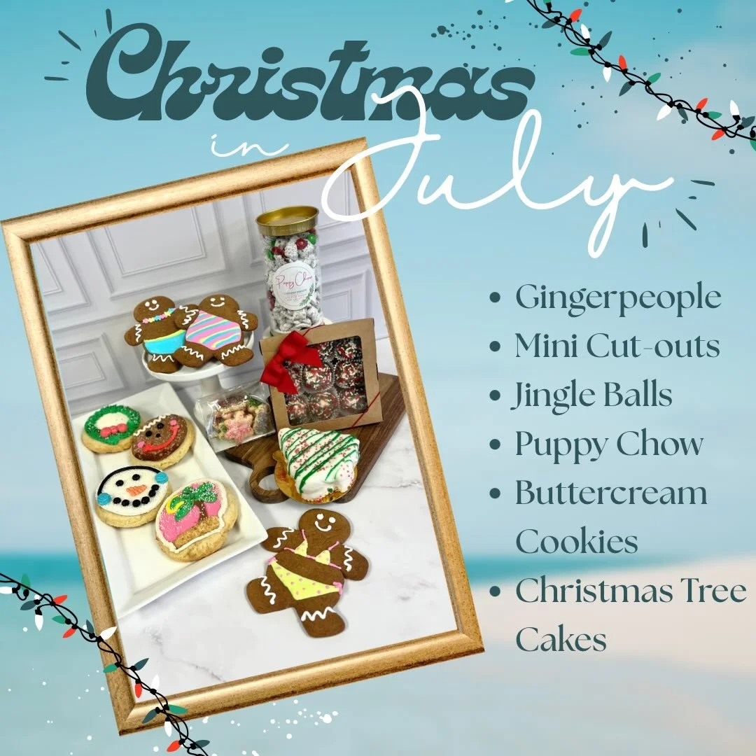 🎄 3 DAYS ONLY 🎄

Please come celebrate Christmas in July with us!!

From now through Saturday we&rsquo;ll be holly jolly and all things sweet! 

-Buttercream Cookies
-Christmas Tree Cakes
-Puppy Chow
-Gingerpeople
-Mini Cut-outs
-Jingle Balls
-Fest