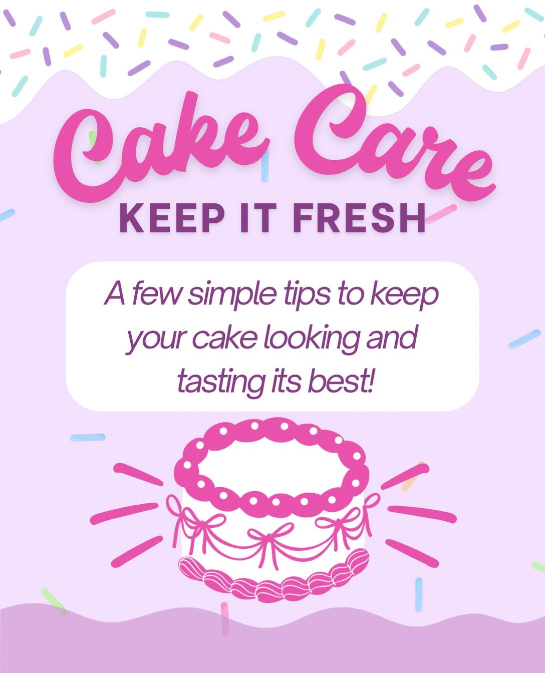 *Very Important Information* 

A few simple tips to keep your cake looking and tasting its best! 🎂

1) Keep it level 🎂

2) Drive Safely 🚙

3) Do Not Stack 🎁

4) No Direct Sun ☀️ 

5) Keep it Cool ❄️

6) Timing is Key ⌚️