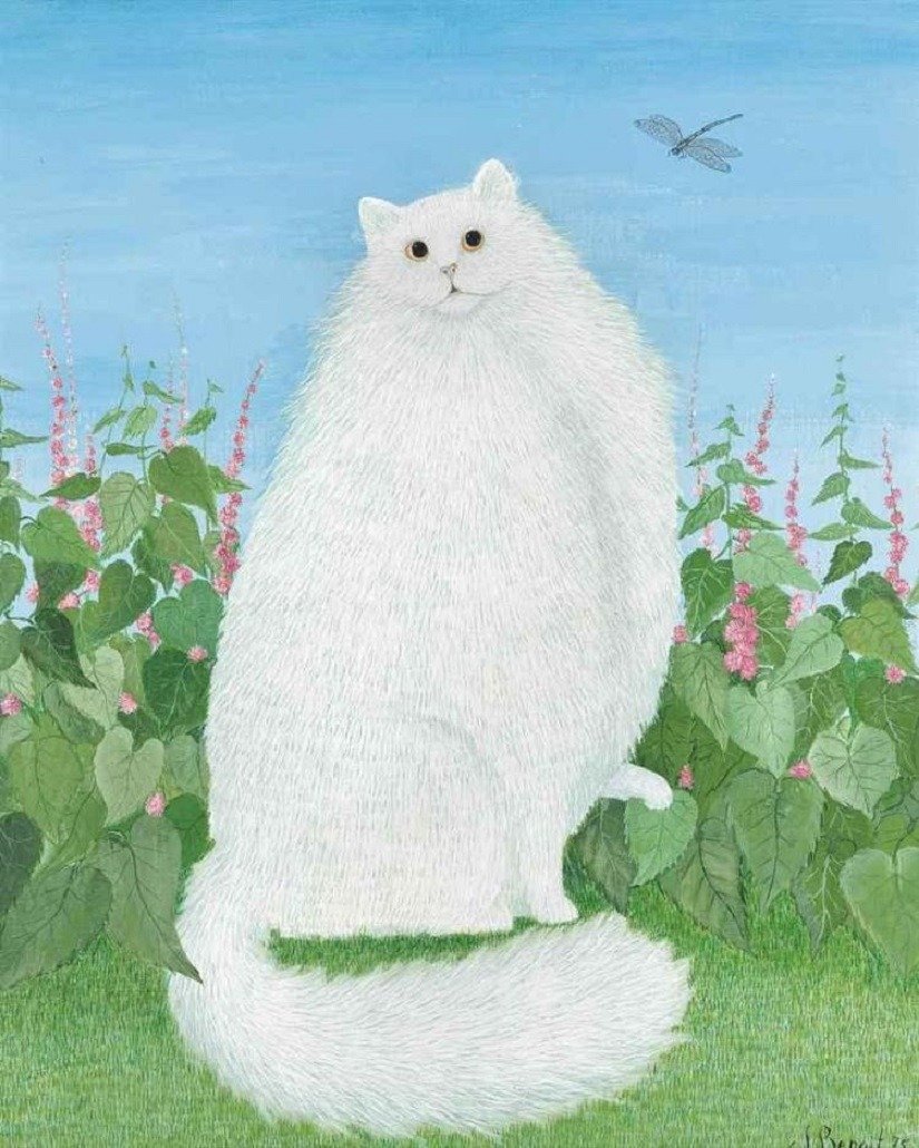 Jacqueline Benoit (1925-2012) — White Cat and Dragonfly  (oil on canvas, 1975).jpeg