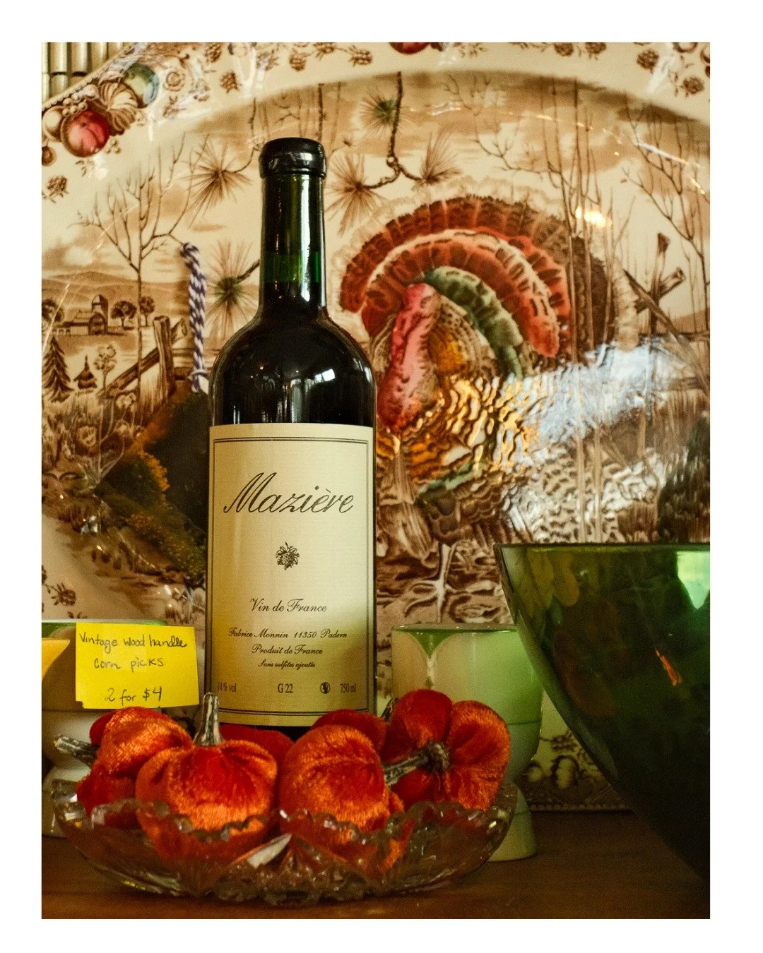 the wines we 🫶 for 🦃 : all dressed up @seasonednola ✨ Mazi&egrave;re G22 - 100% grenache from a single parcel in Corbi&egrave;res; unfiltered, mineral forward, vibrant + alive 🍷 Matassa Tattouine Rouge - biodynamic grenache gris + carignan from OG