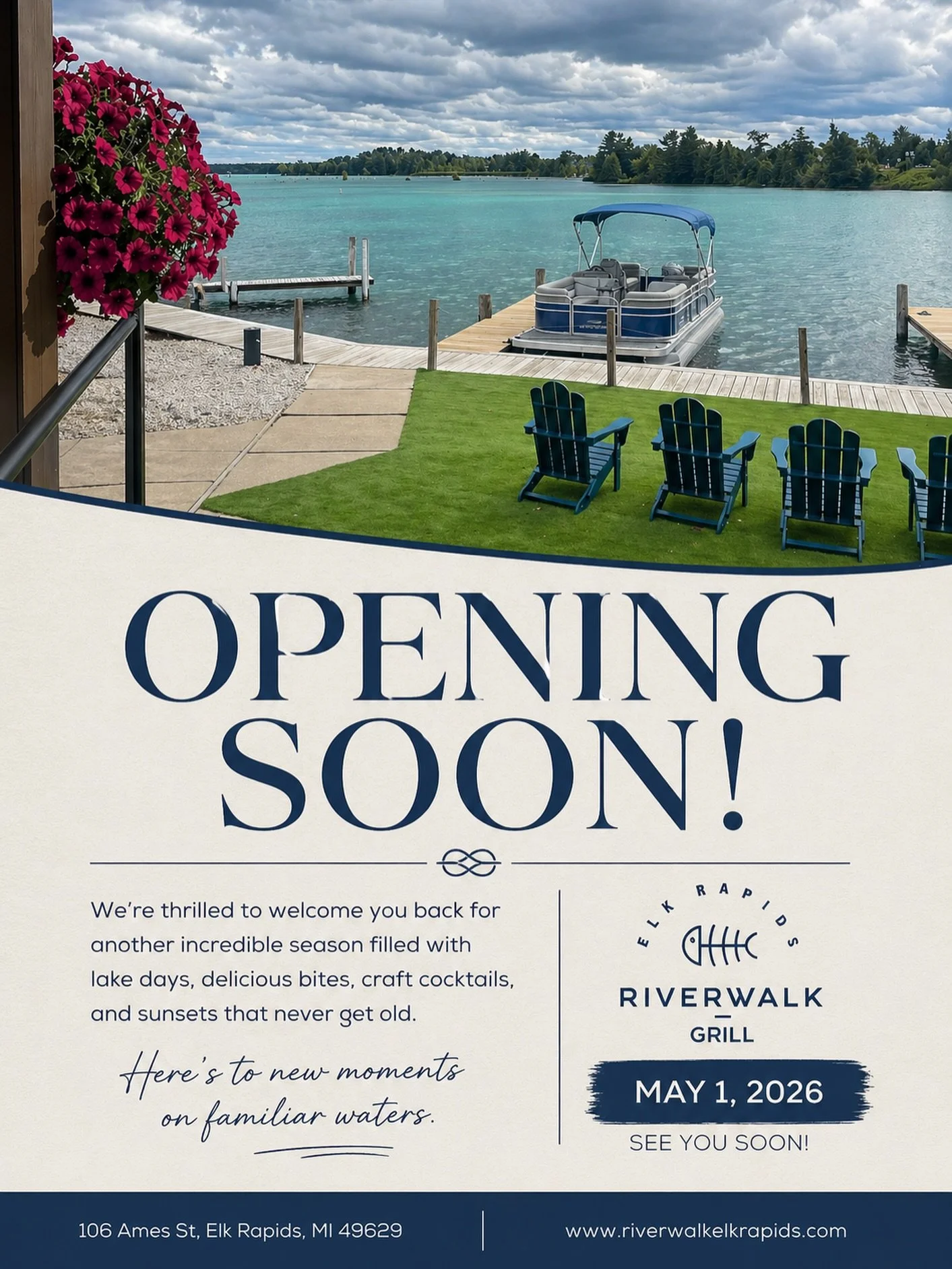 Lake days, craft cocktails, and sunsets that never get old!
See you at Riverwalk at 4 pm on Friday, May 1, 2026 🌊🍹 #ElkRapids #RiverwalkGrill #OpeningSoon #season4