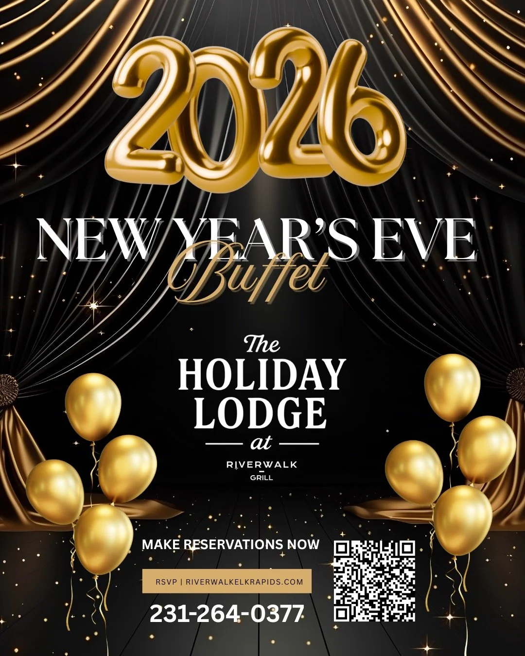 ✨ New Year&rsquo;s Eve at the Holiday Lodge ✨ 

Kick off 2026 with our New Year&rsquo;s Eve Dinner Buffet at Riverwalk Grill! 

Great food, cozy lodge vibes, and a celebratory atmosphere you won&rsquo;t want to miss. 

Dine with us before the downtow
