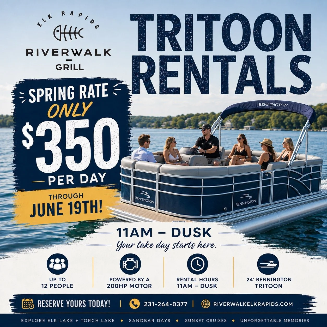 ☀️ SPRING BOAT RENTAL SPECIAL ☀️
Explore Elk Lake + Torch Lake in style aboard our 24&rsquo; Bennington Tritoons 🌊
🚤 200HP Performance
👨&zwj;👩&zwj;👧&zwj;👦 Seats up to 12 Guests
🕚 Rental Hours: 11AM &ndash; Dark
📍 Depart from Riverwalk Grill i