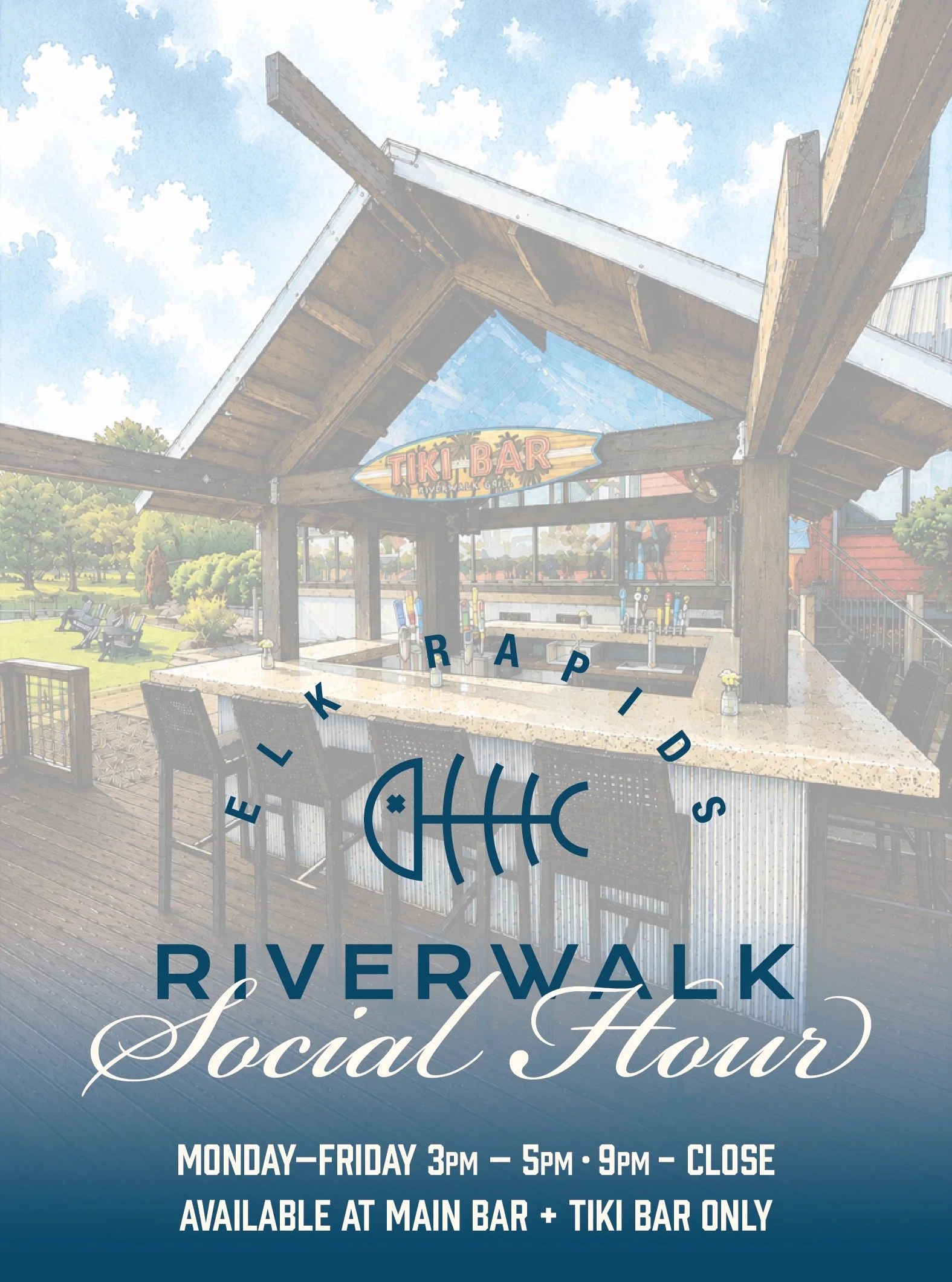 Cold drinks, fresh seafood, and the best seat on Elk Lake

Join us for Social Hour at Riverwalk, Monday&ndash;Friday from  3&ndash;5pm and again from 9pm&ndash;close at the Main Bar + Tiki Bar.

Featuring:
🦪 $2 oysters
🍤 Shrimp cocktail
🐟 Whitefis