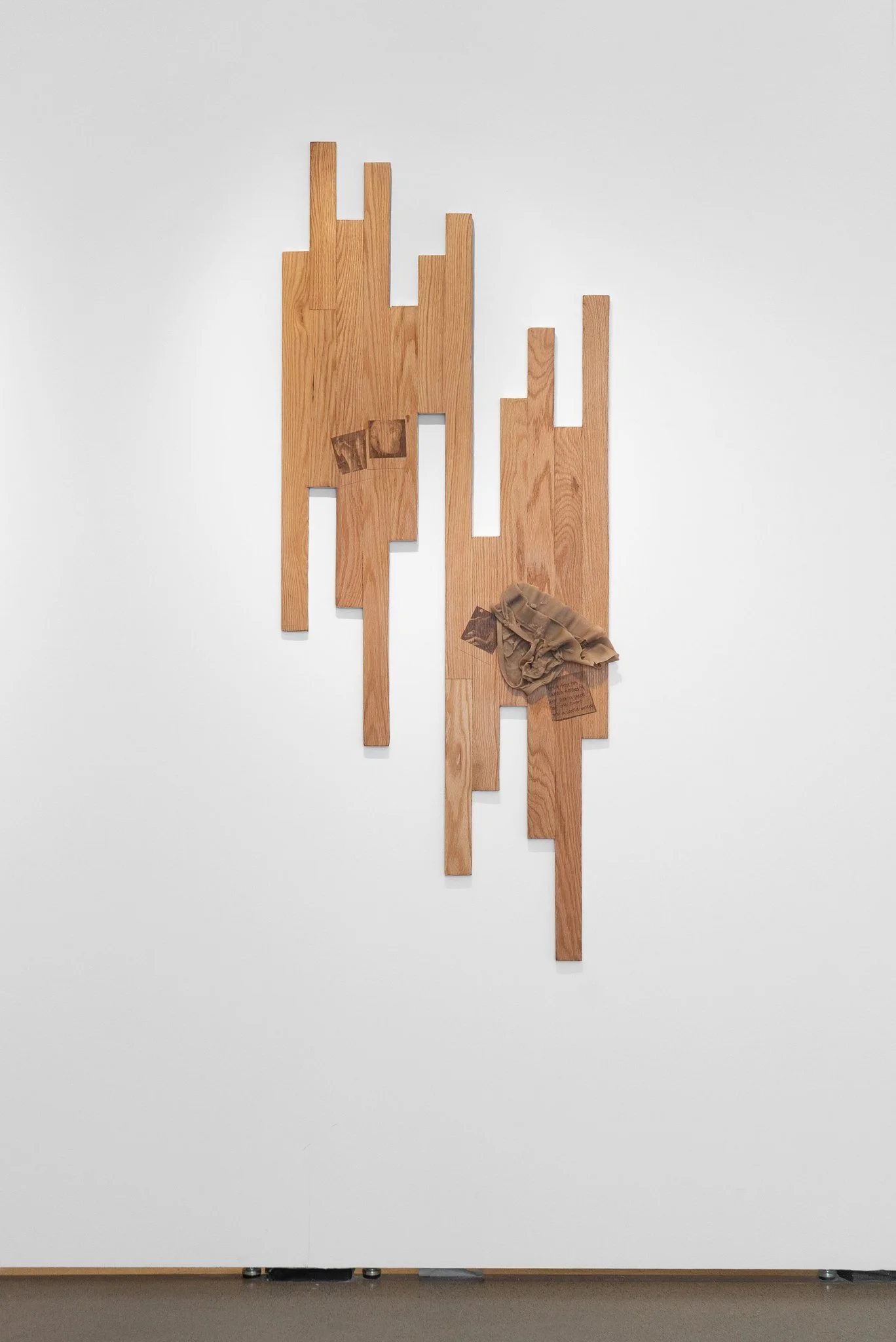  𝘳𝘶𝘥𝘺 - 𝘫𝘶𝘭𝘺 12, 2025.  red oak hardwood, screen printed woodstain, metal leaf, cast wax. 68" x 27".