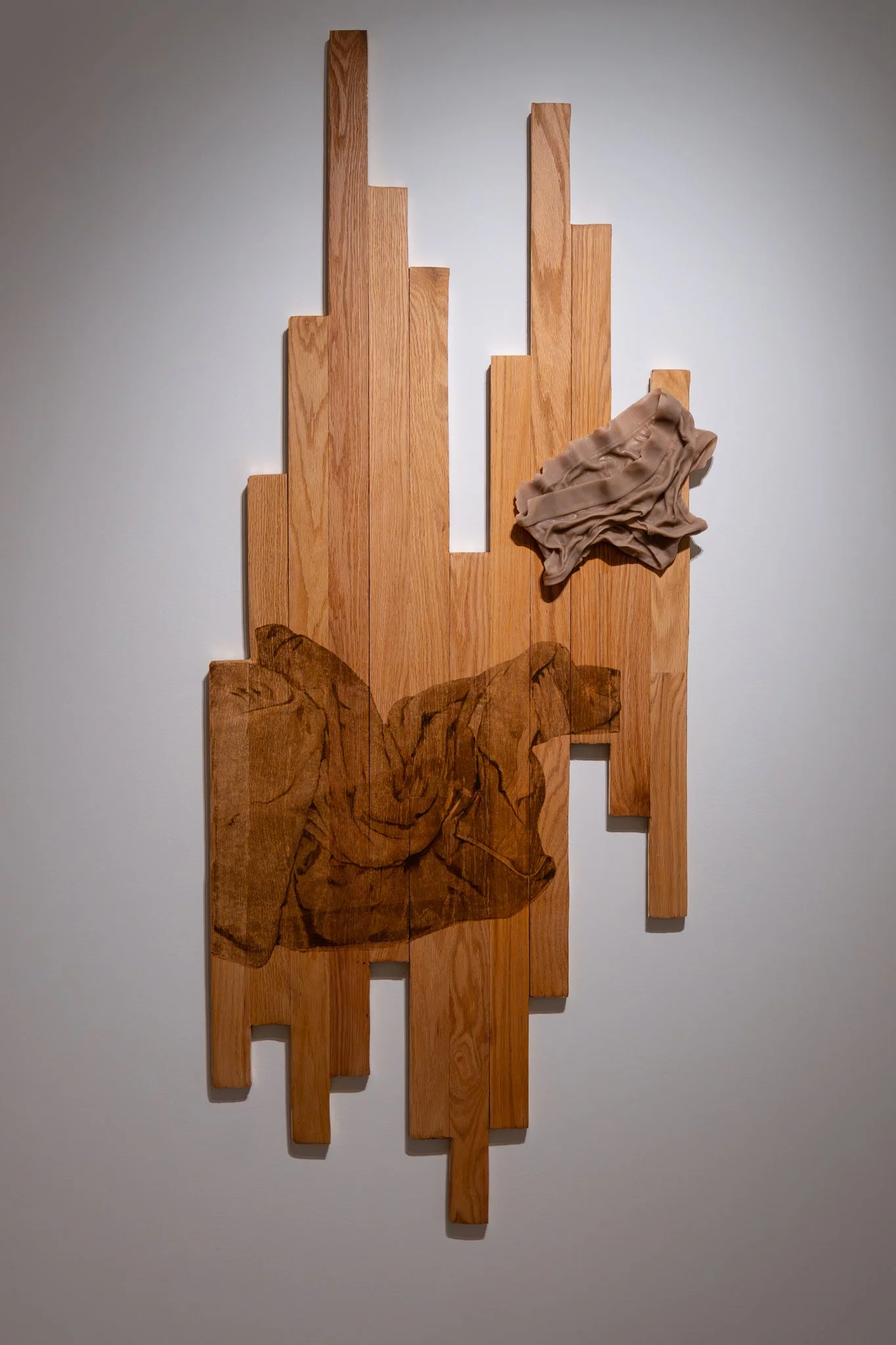 𝘢𝘯𝘥𝘺 – 𝘮𝘢𝘺 24, 2025. 2026. red oak hardwood, screen printed wood stain, metal leaf, cast wax. 68"H x 27"W.