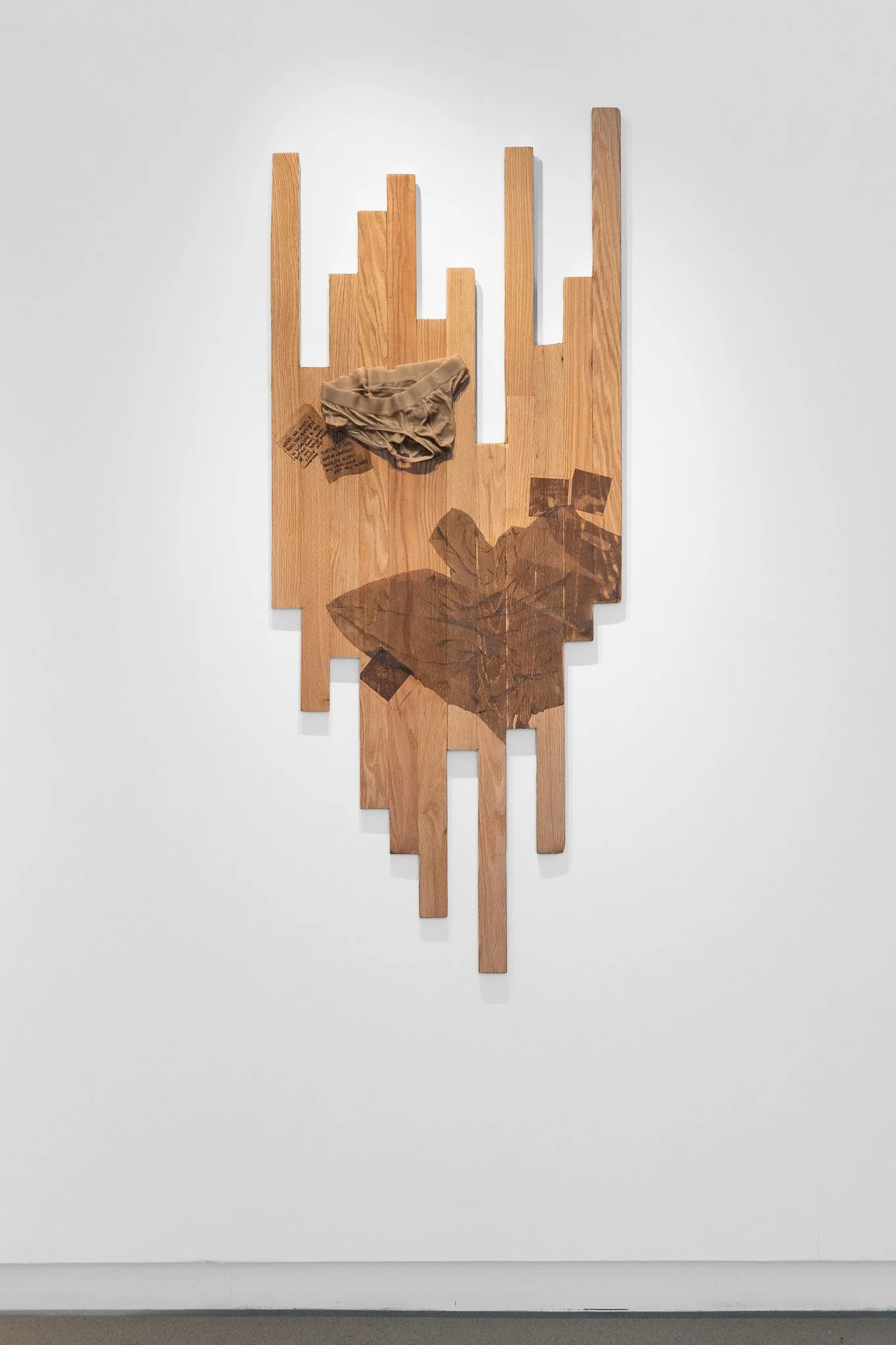 𝘮𝘢𝘳𝘴 - 𝘮𝘢𝘺 15, 2025. 2026. red oak hardwood, screen printed woodstain, metal leaf, cast wax. 68" x 27".