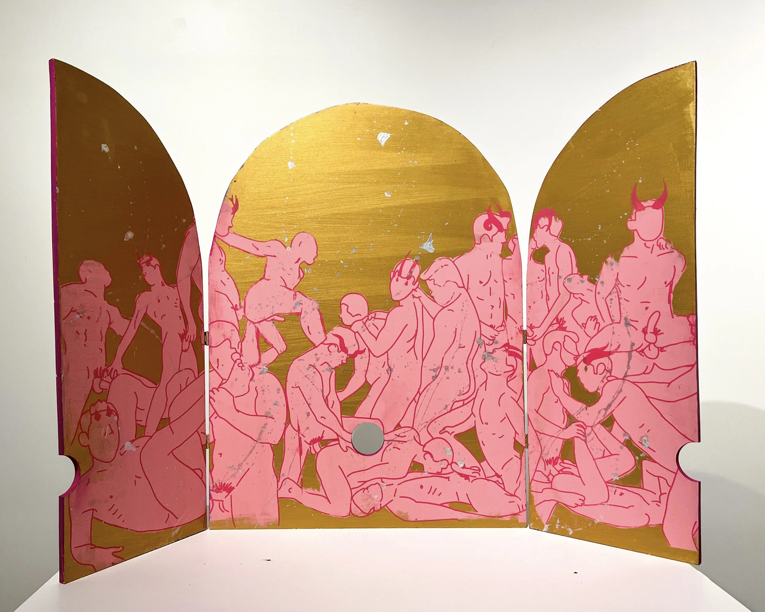 Glory [interior] (2023). Latex paint, acrylic, oil, screen print on MDF. 48" x 32" x 0.5". 