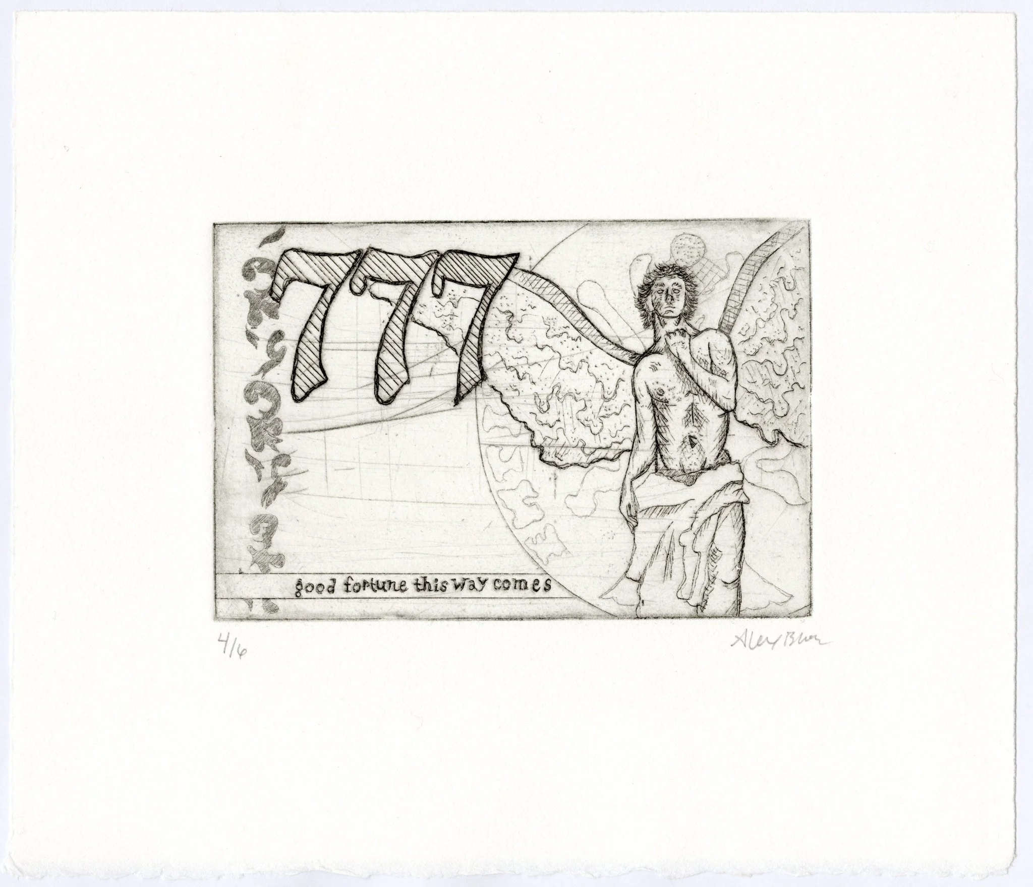 𝘭𝘶𝘤𝘬𝘺 𝘴𝘦𝘷𝘦𝘯𝘴. 2023.
copper etching with hardground on rives BFK.
4" x 6".
edition of 6.