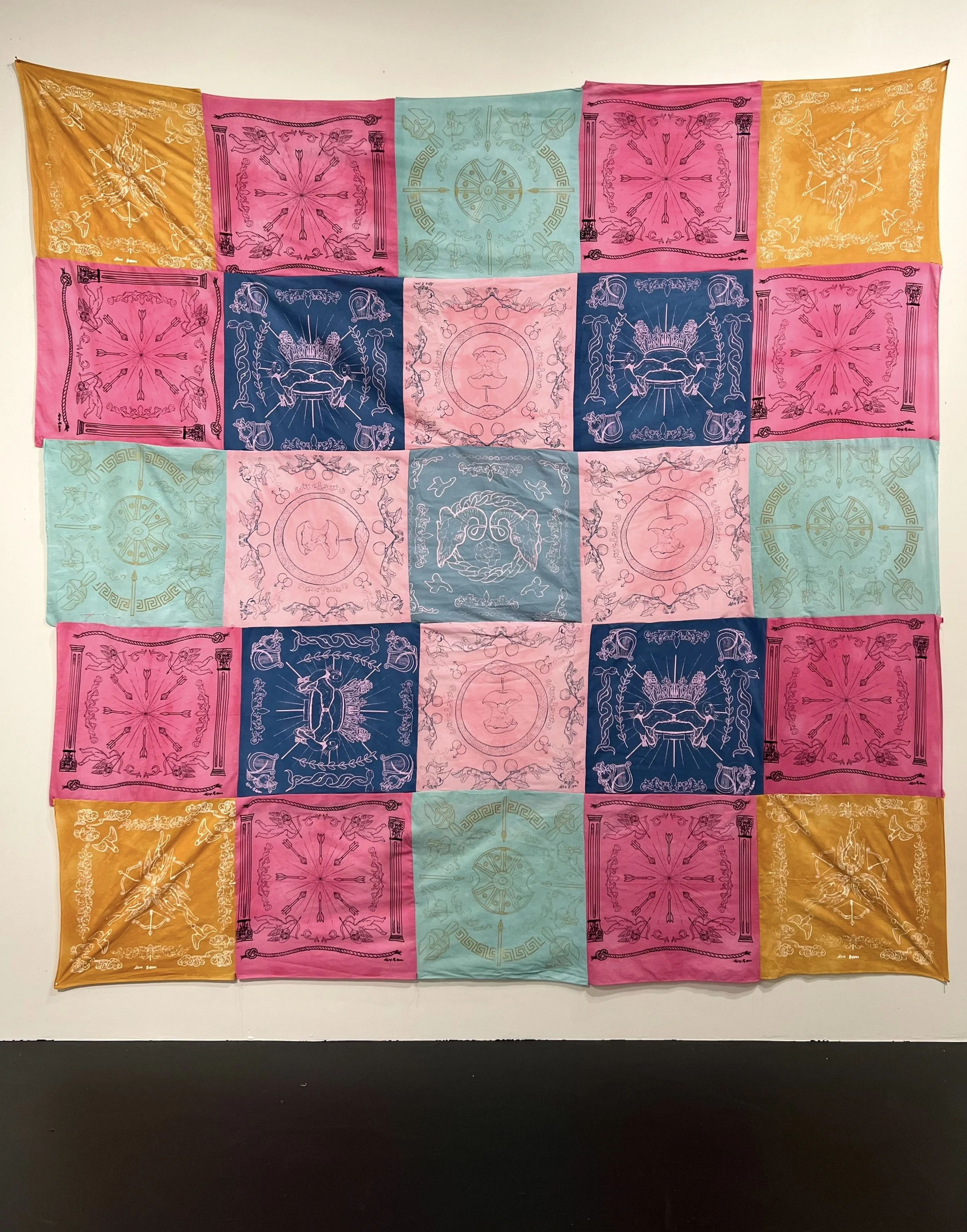 Memoriam (2023). Screen Print on Acid-Dyed Cotton Bandanas. 8 feet x 8 feet. 