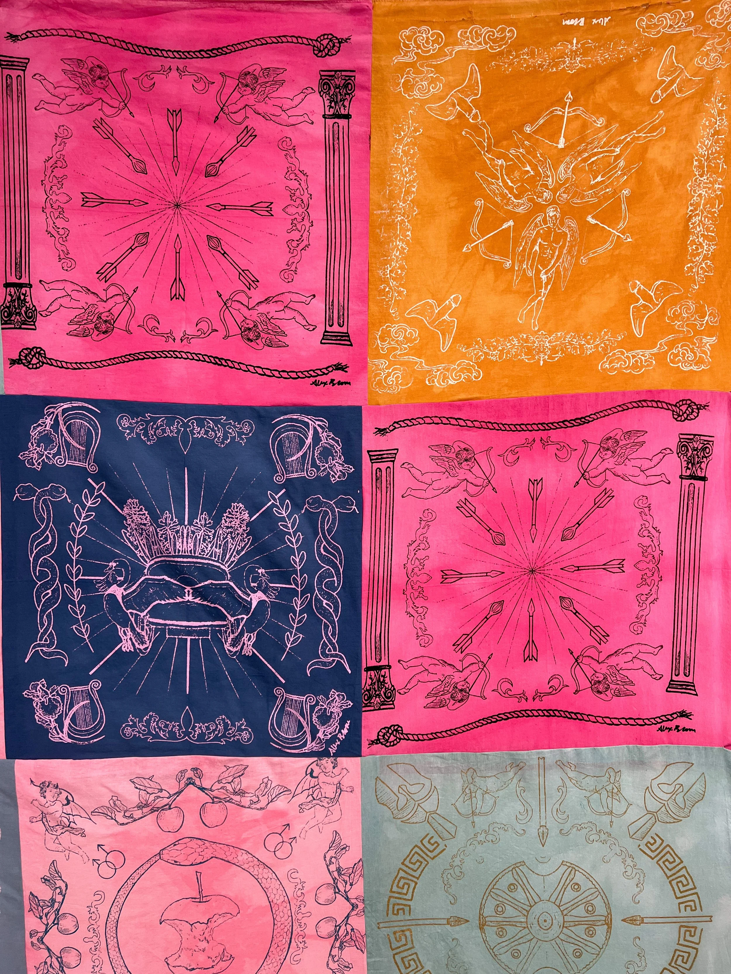 Memoriam (2023). Screen Print on Acid-Dyed Cotton Bandanas. 8 feet x 8 feet. 