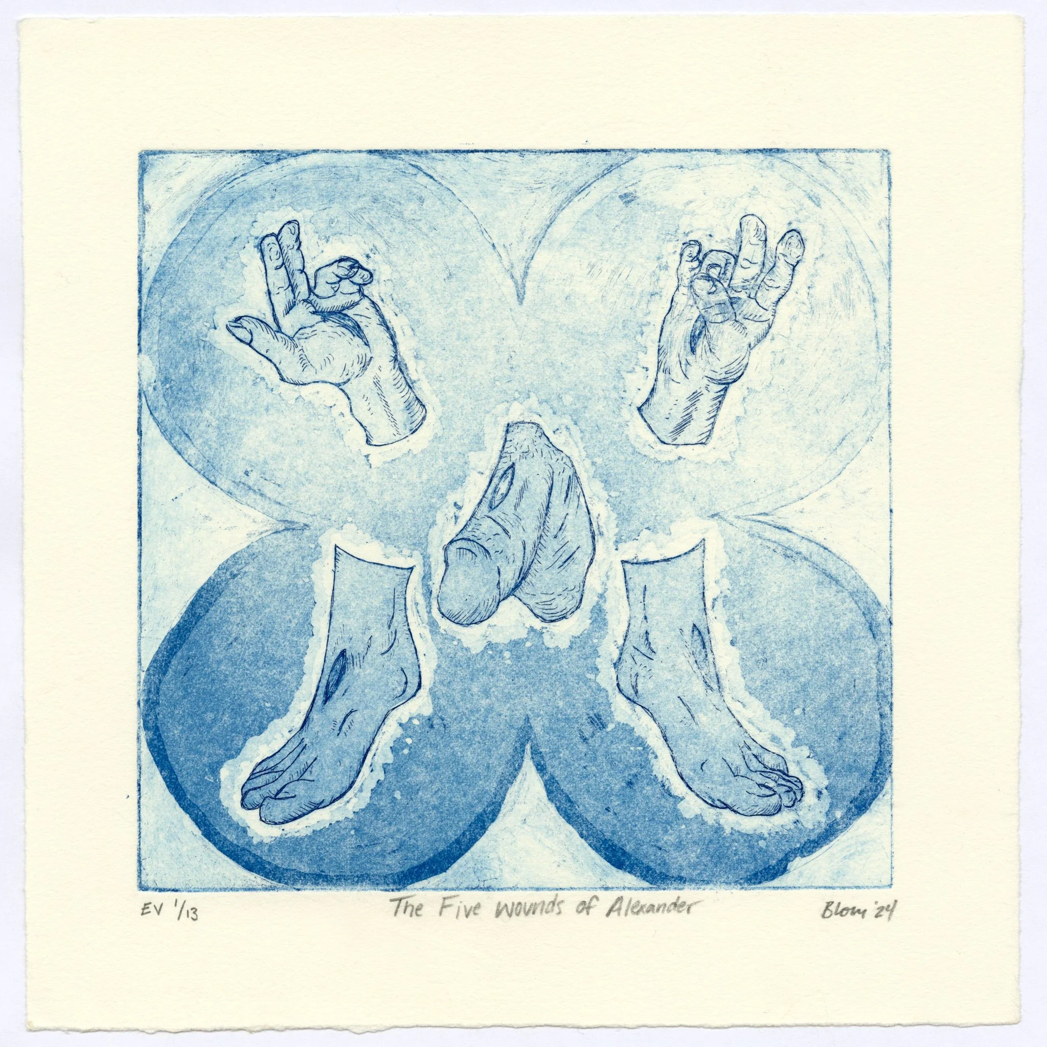 𝘵𝘩𝘦 𝘧𝘪𝘷𝘦 𝘸𝘰𝘶𝘯𝘥𝘴 𝘰𝘧 𝘢𝘭𝘦𝘹𝘢𝘯𝘥𝘦𝘳. 2024. copper etching with hardground and aquatint. 8" x 8". variable edition of 13. 