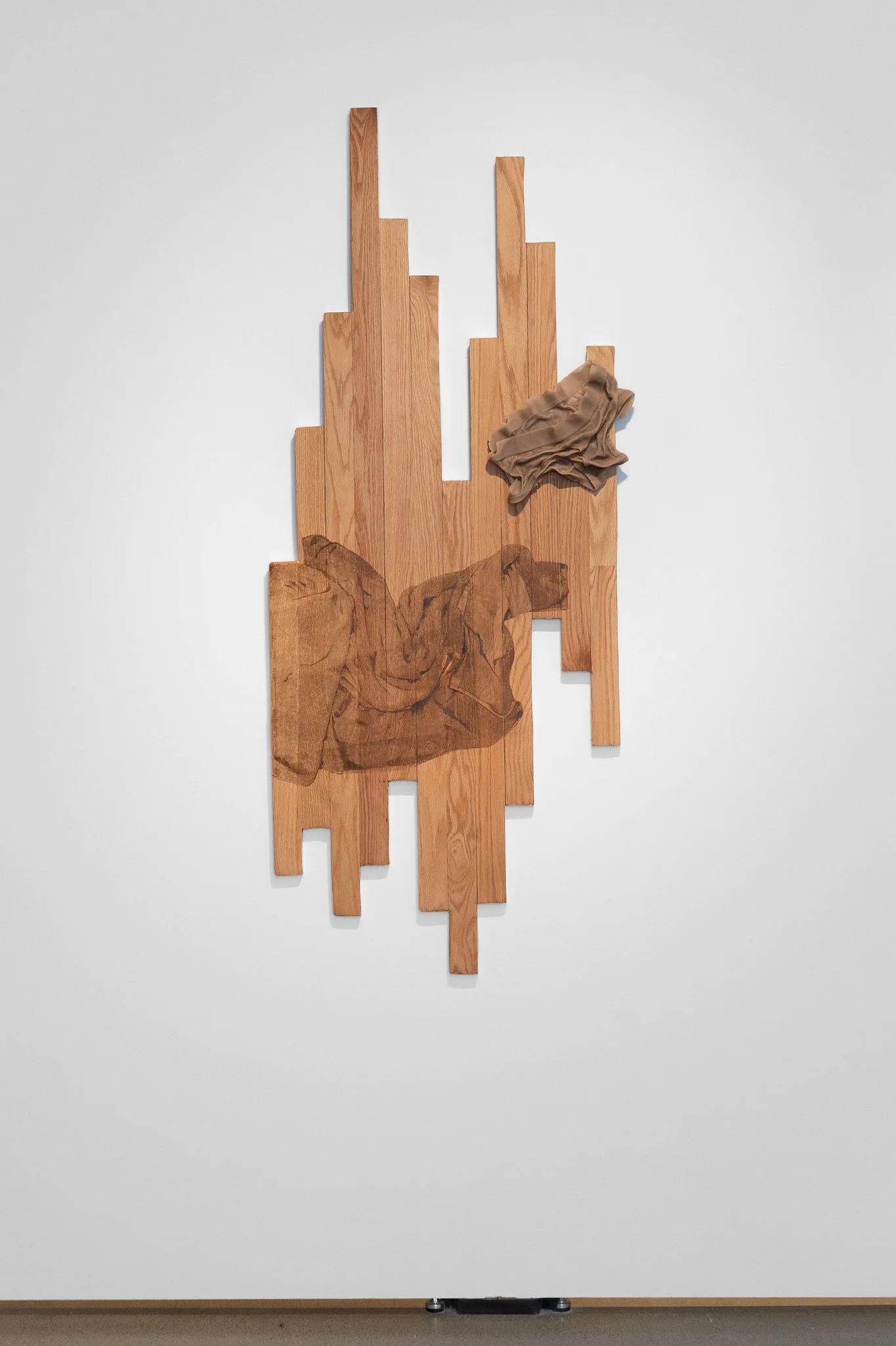 𝘢𝘯𝘥𝘺 - 𝘮𝘢𝘺 24, 2025. 2026. red oak hardwood, screen printed woodstain, metal leaf, cast wax. 68" x 27".