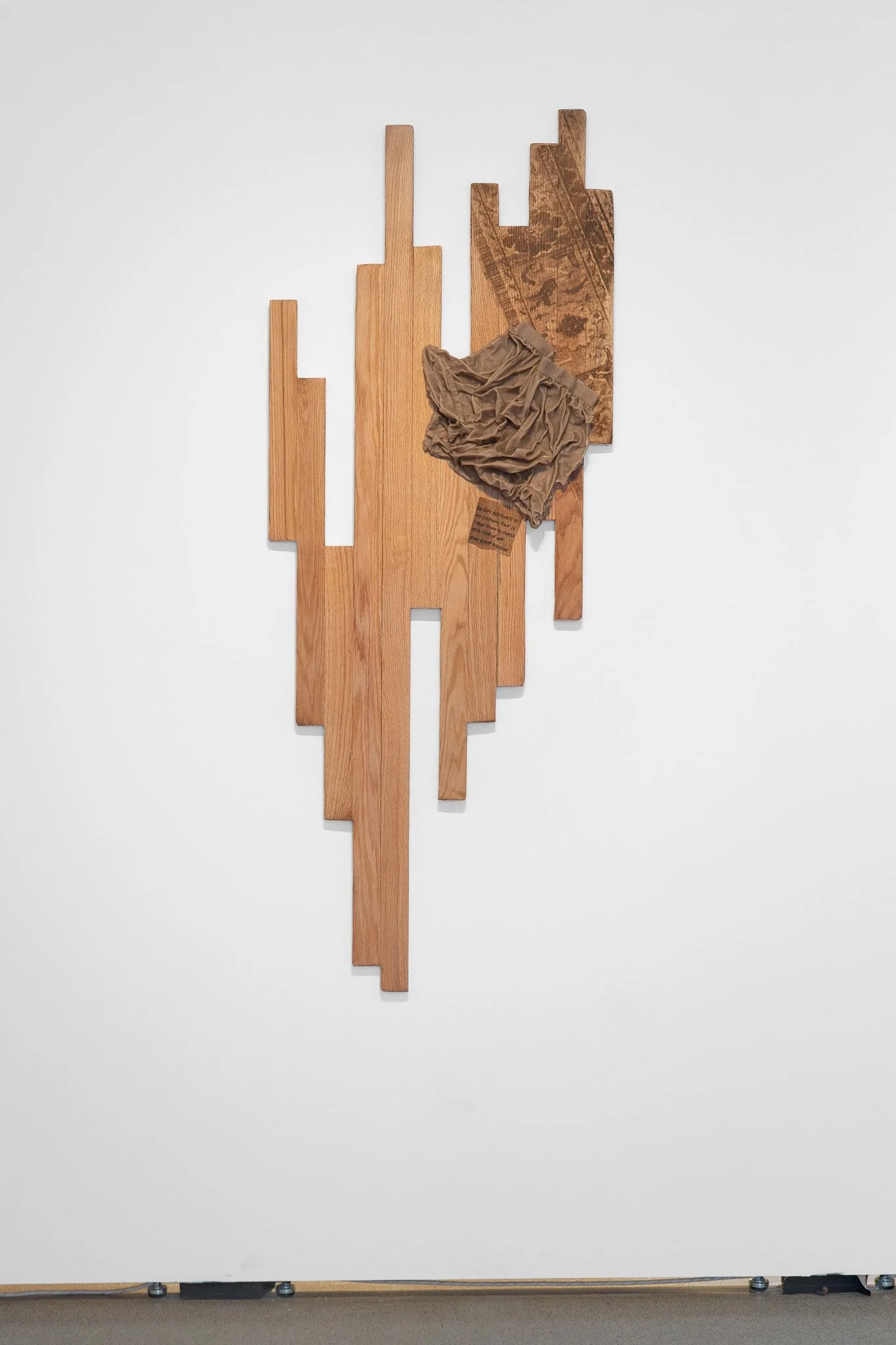 𝘤𝘰𝘭𝘦 - 𝘮𝘢𝘳𝘤𝘩 21, 2025. 2026. red oak hardwood, screen printed woodstain, metal leaf, cast wax. 69" x 27".