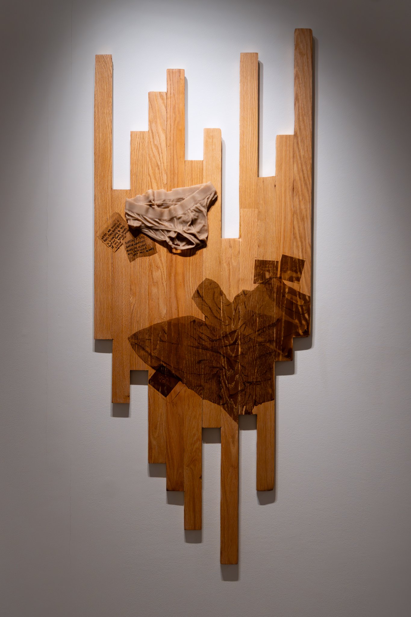 𝘮𝘢𝘳𝘴 - 𝘮𝘢𝘺 15, 2025. 2026. red oak hardwood, screen printed wood stain, metal leaf, cast wax. 68"H x 27"W.
