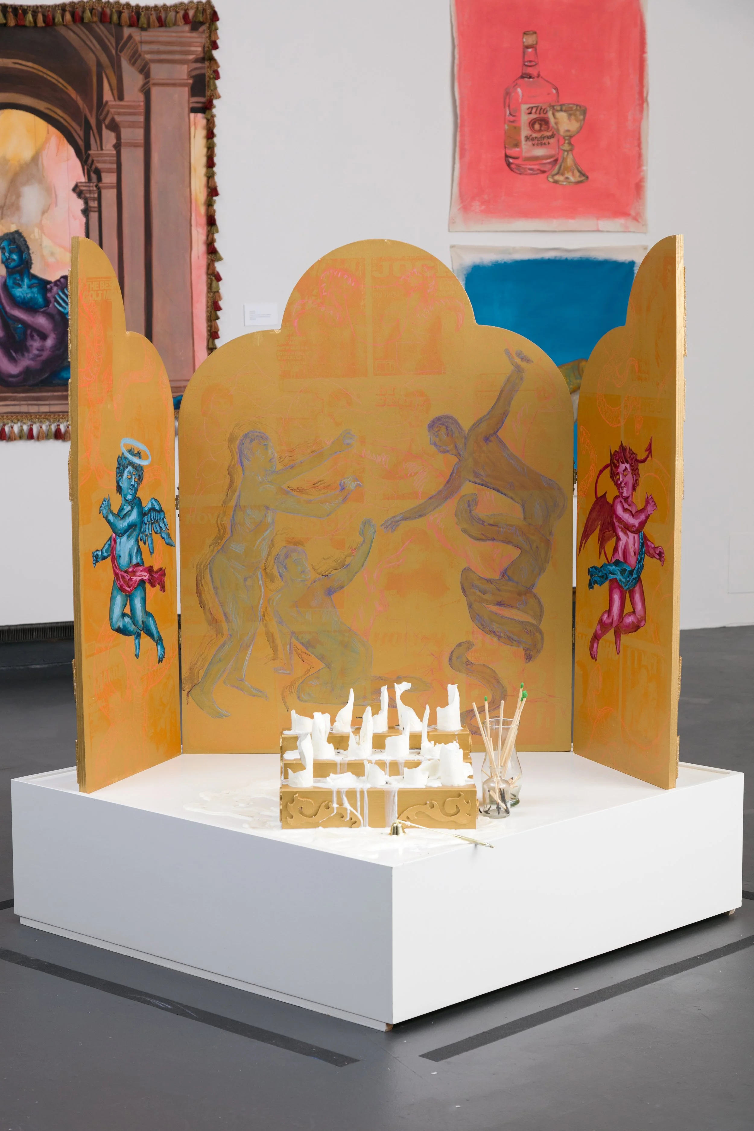 Genesis Altarpiece and Candle, After Gober (2023). Latex paint, acrylic, screen print, oil, colored pencil on wood, 14 soywax candles. Open: 71” x 46” x 0.75” . Image by Wes Magyar.