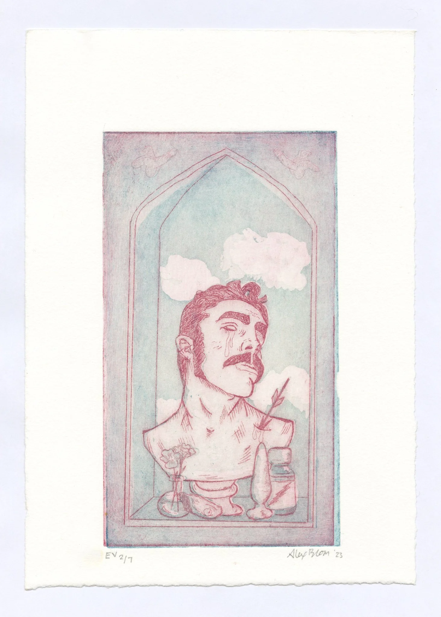 𝘴𝘩𝘳𝘪𝘯𝘦 𝘵𝘰 𝘴𝘵.𝘢𝘭𝘦𝘹𝘢𝘯𝘥𝘦𝘳. 2023.
two plate copper etching with hardground and aqauatint on rives BFK.  7.5" x 10.5".
variable Edition of 7.