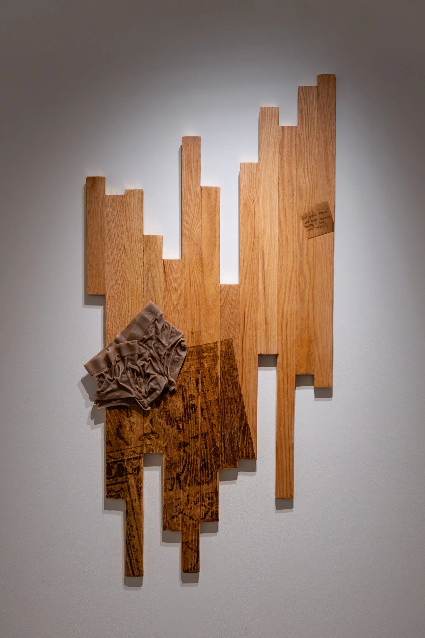 𝘥𝘺𝘭𝘢𝘯 – 𝘢𝘶𝘨𝘶𝘴𝘵 14, 2025. 2026. red oak hardwood, screen printed wood stain, metal leaf, cast wax. 58"H x 29"W.