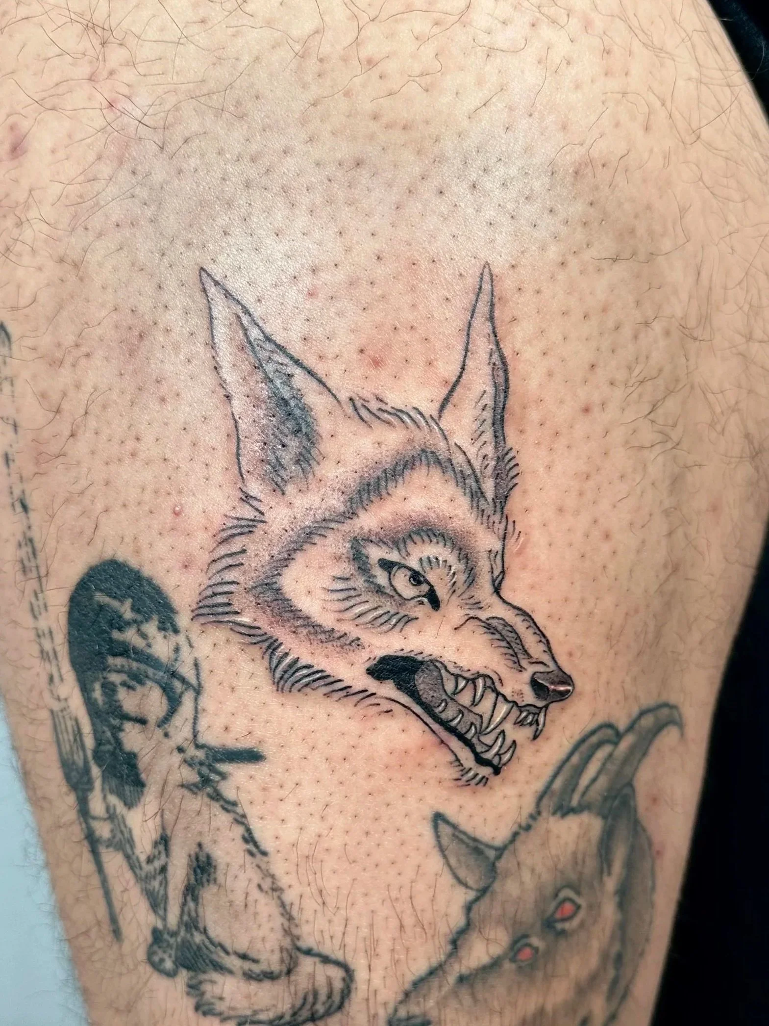 Tattoo of a snarling wolf's head with pointed ears and sharp teeth, and a bunny with red eyes beneath it on a person's arm.